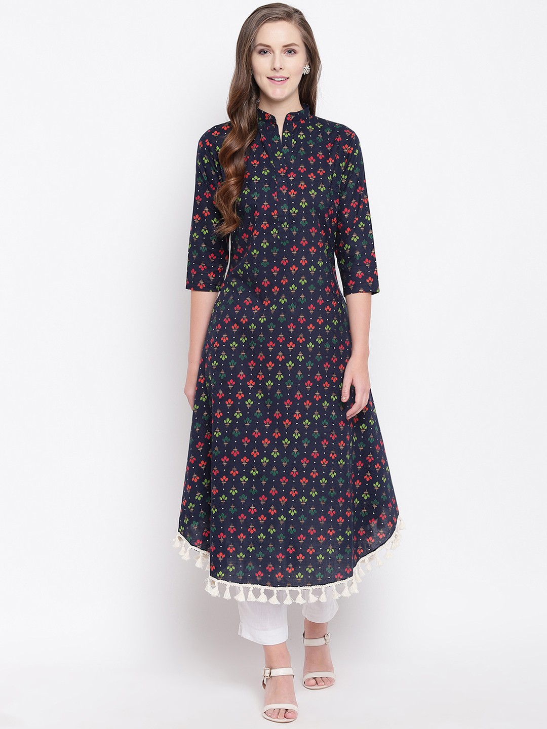 

FABNEST Women Navy Blue & Red Printed A-Line Kurta