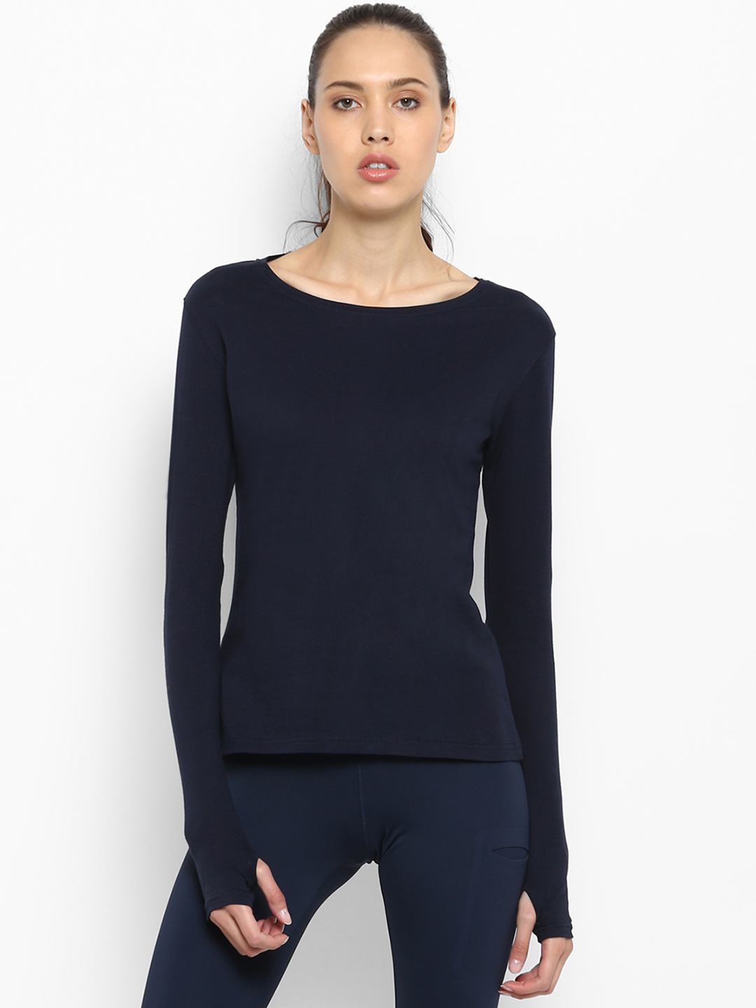appulse Women Navy Blue Solid Boat Neck Slim Fit Sports T-shirt