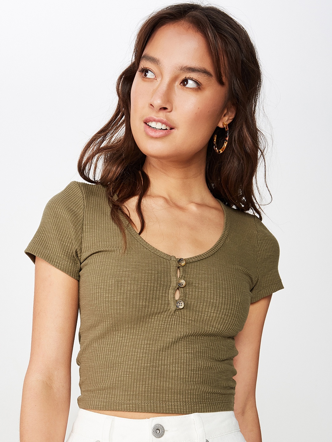 

COTTON ON Women Olive Green Solid Fitted Crop Top