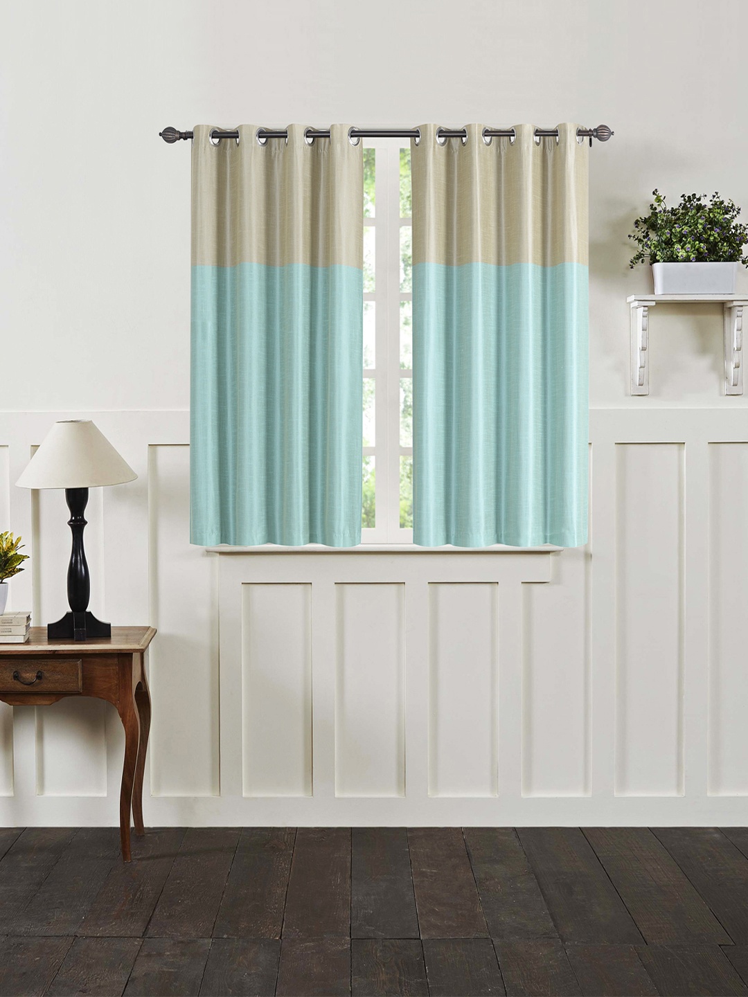 

Deco Window Beige & Blue Set of 2 Colourblocked Window Curtains