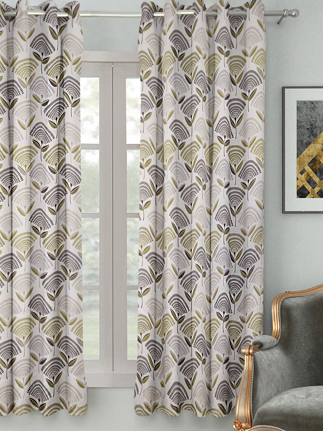 

HOUZZCODE Off-White & Green Floral Single Room Darkening Curtain