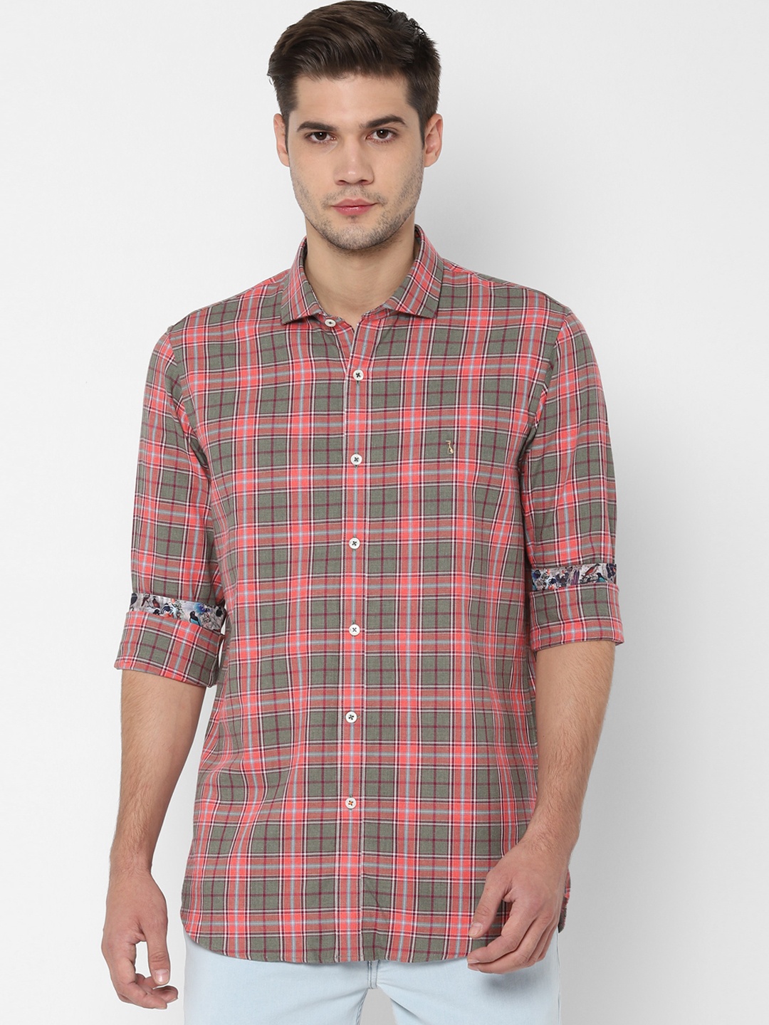 

SIMON CARTER LONDON Men Olive Green & Red Slim Fit Checked Casual Shirt