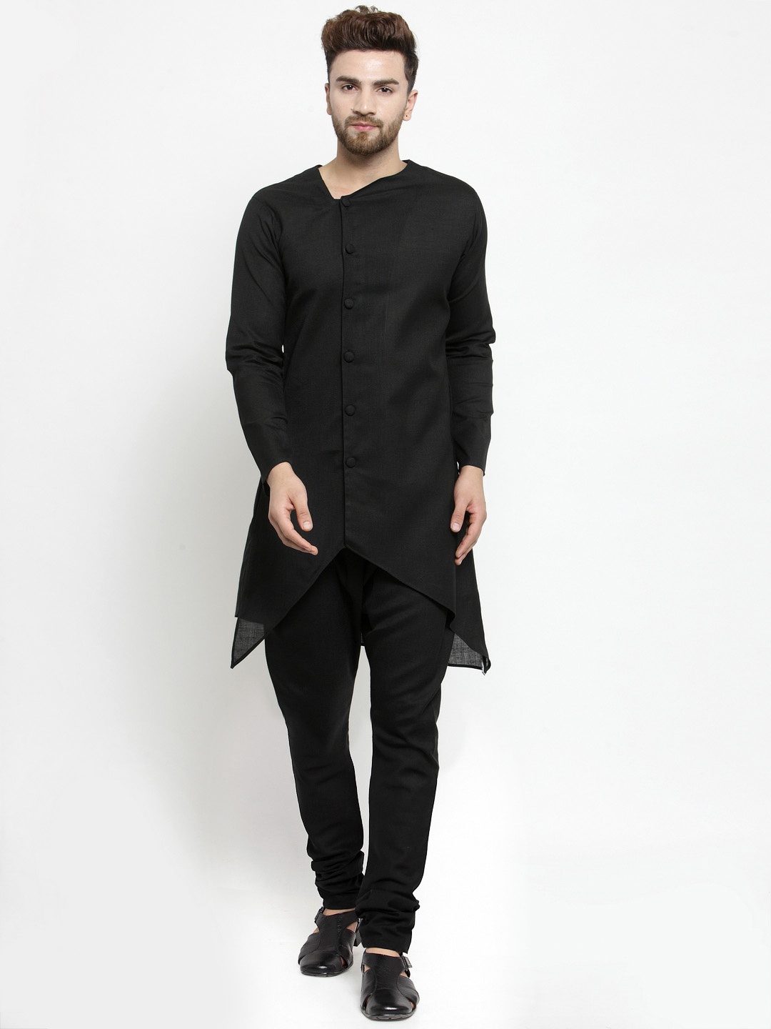 TREEMODA Men Black Solid Linen Kurta with Pyjamas