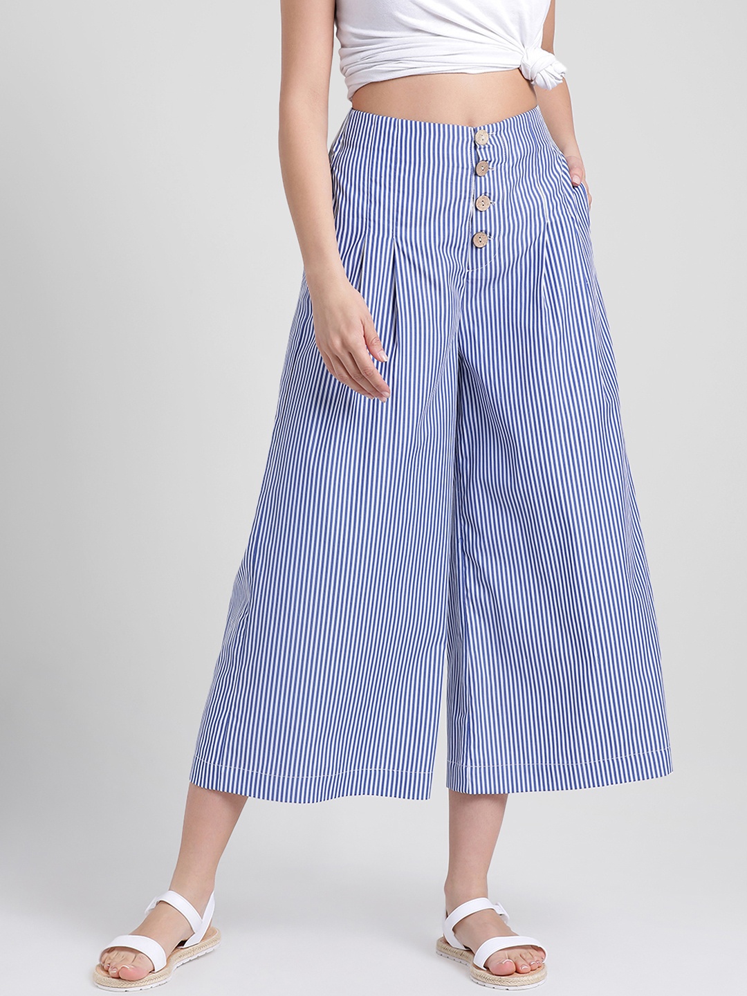 

Aayna Women Blue & White Comfort Regular Fit Striped Parallel Trousers