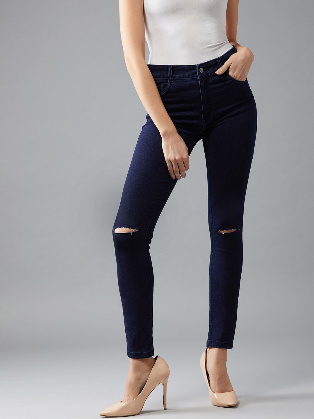 

DOLCE CRUDO Women Navy Blue Skinny Fit High-Rise Slash Knee Stretchable Jeans