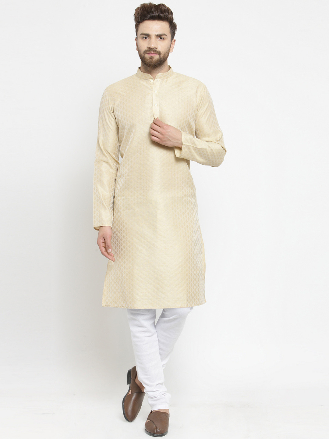 

TREEMODA Men Beige & White Self Design Brocade Linen Kurta with Pyjamas