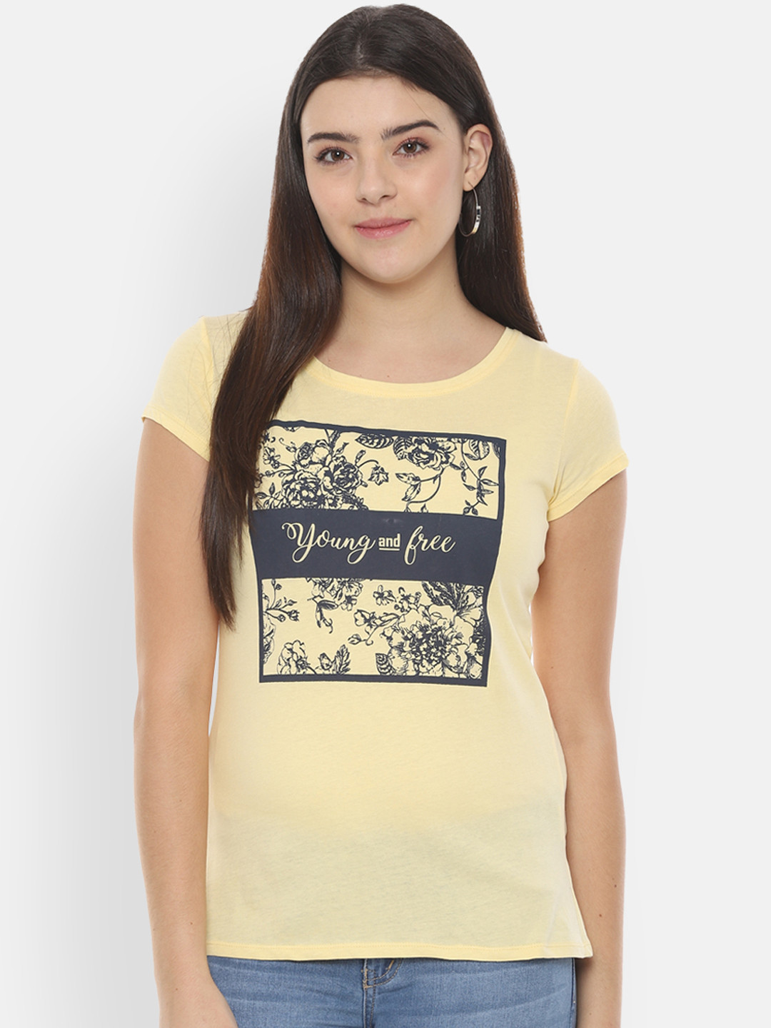 

People Women Yellow Black Printed Round Neck Pure Cotton T-shirt