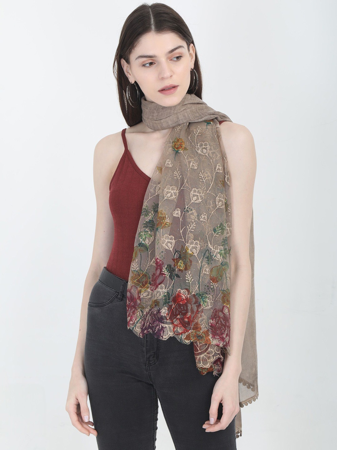 

FabSeasons Women Brown Embroidered Scarf