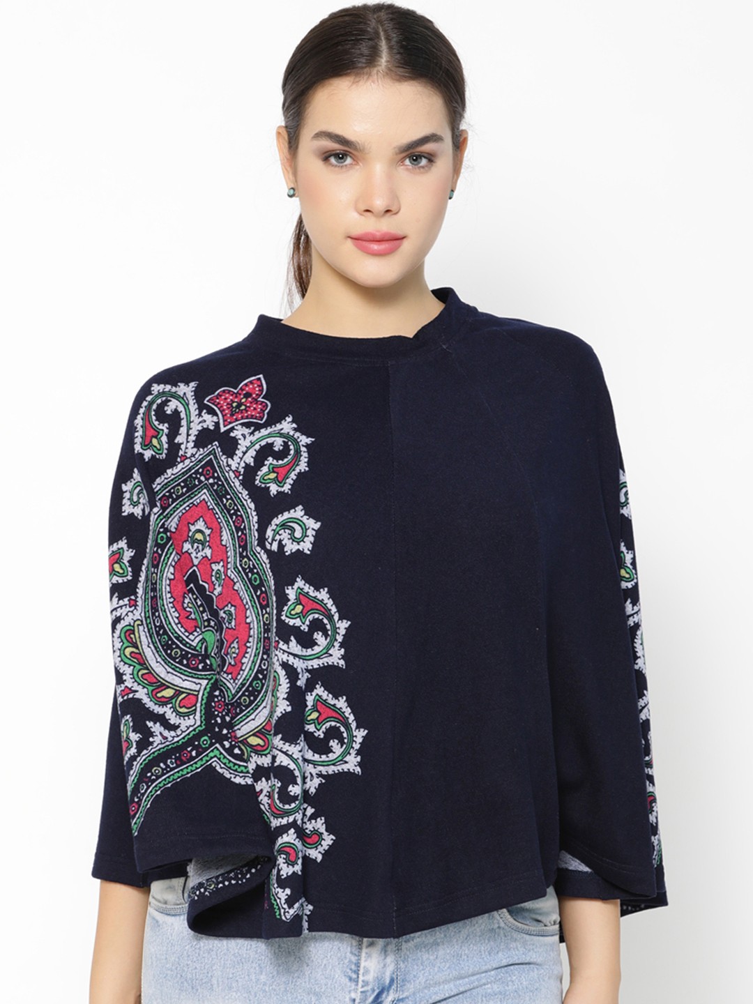 

Gipsy Women Navy Blue Printed Poncho Sweater