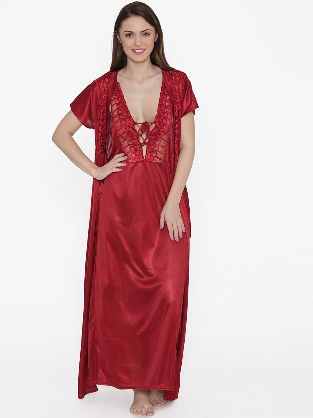 

N-Gal Maroon Embroidered Lace Bridal Nightdress With Robe