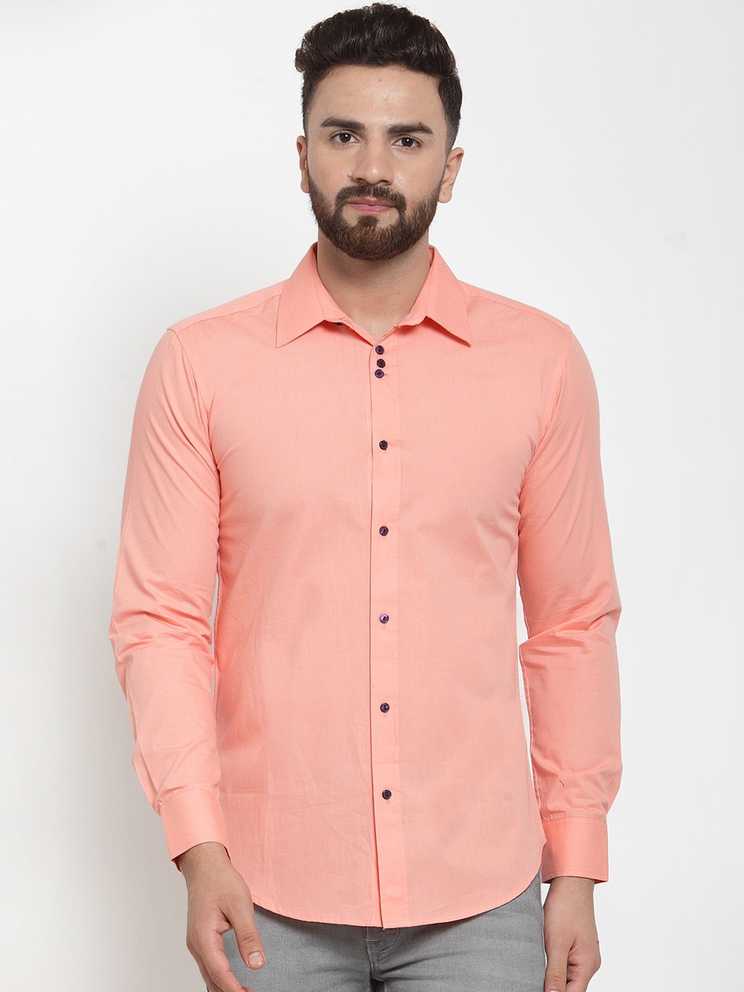 

Purple State Men Peach-Coloured Slim Fit Solid Casual Shirt