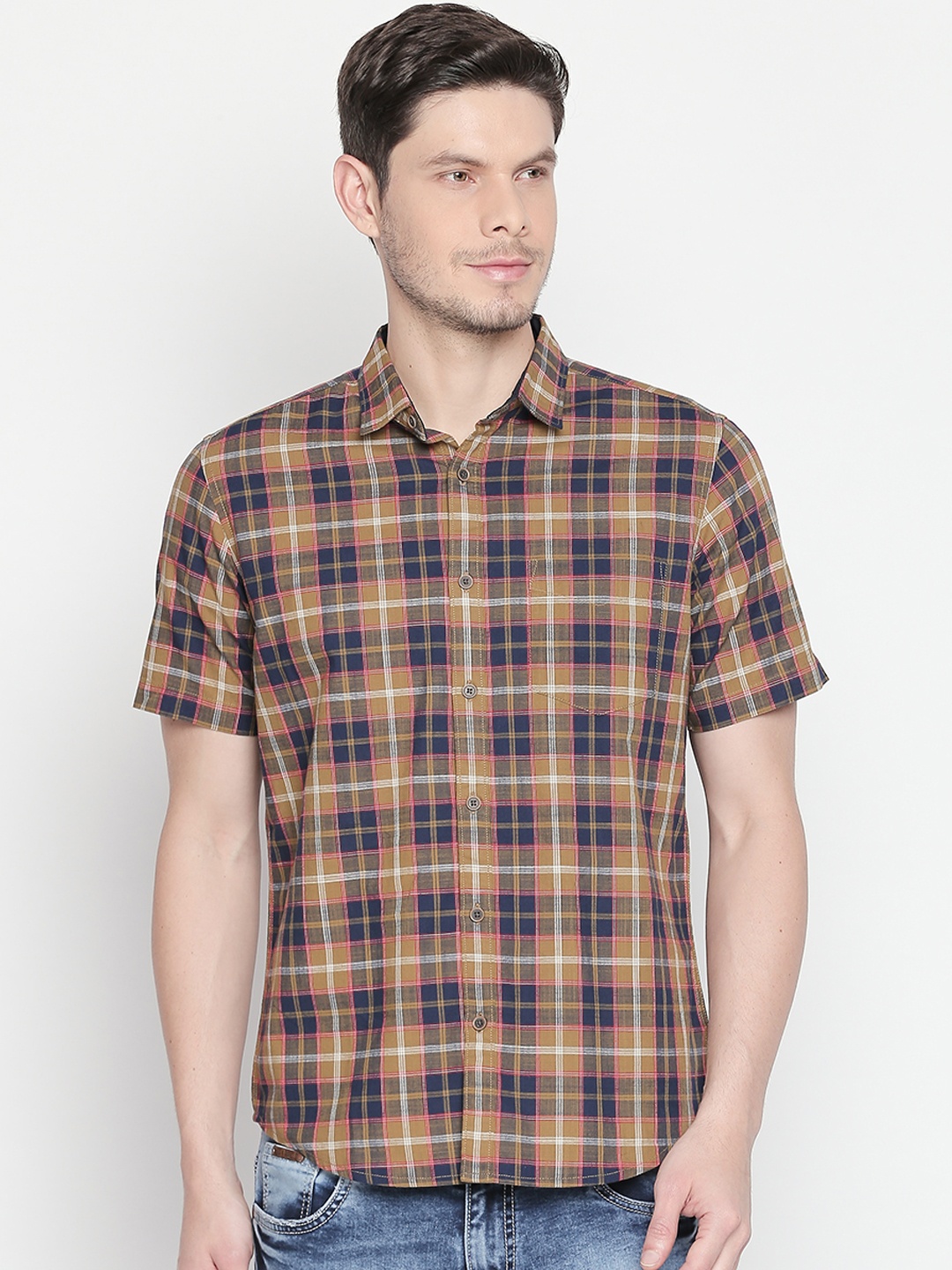 

BYFORD by Pantaloons Men Navy Blue & Beige Regular Fit Checked Casual Shirt