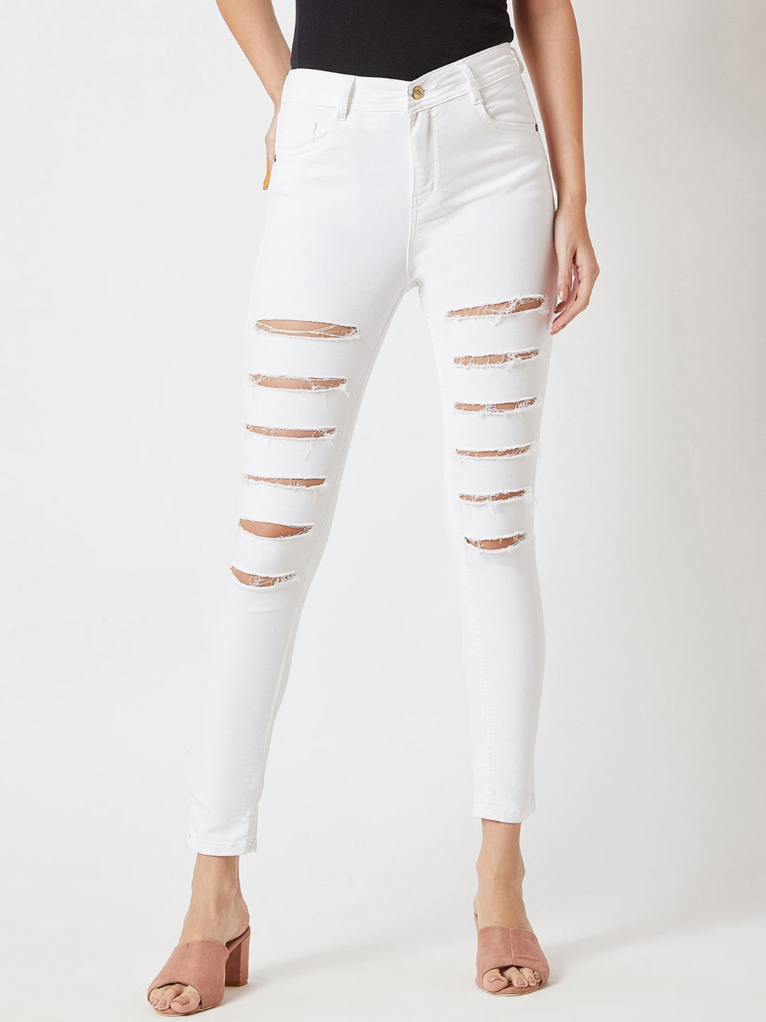 

Miss Chase Women White Skinny Fit High-Rise Highly Distressed Stretchable Jeans