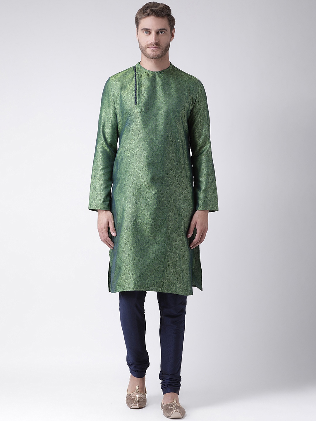 

DEYANN Men Green & Navy Blue Self Design Kurta with Churidar