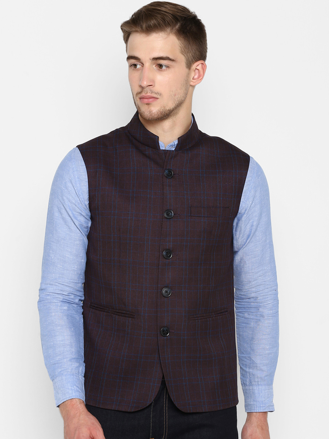 

Red Tape Men Coffee Brown Checked Nehru Jackets