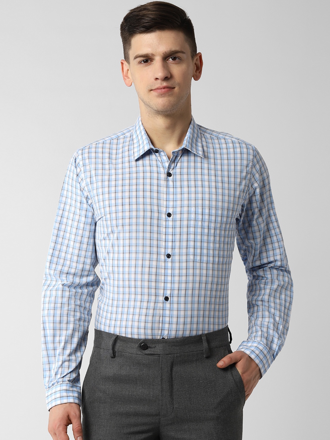 Peter England Men Blue & Brown Slim Fit Checked Formal Shirt