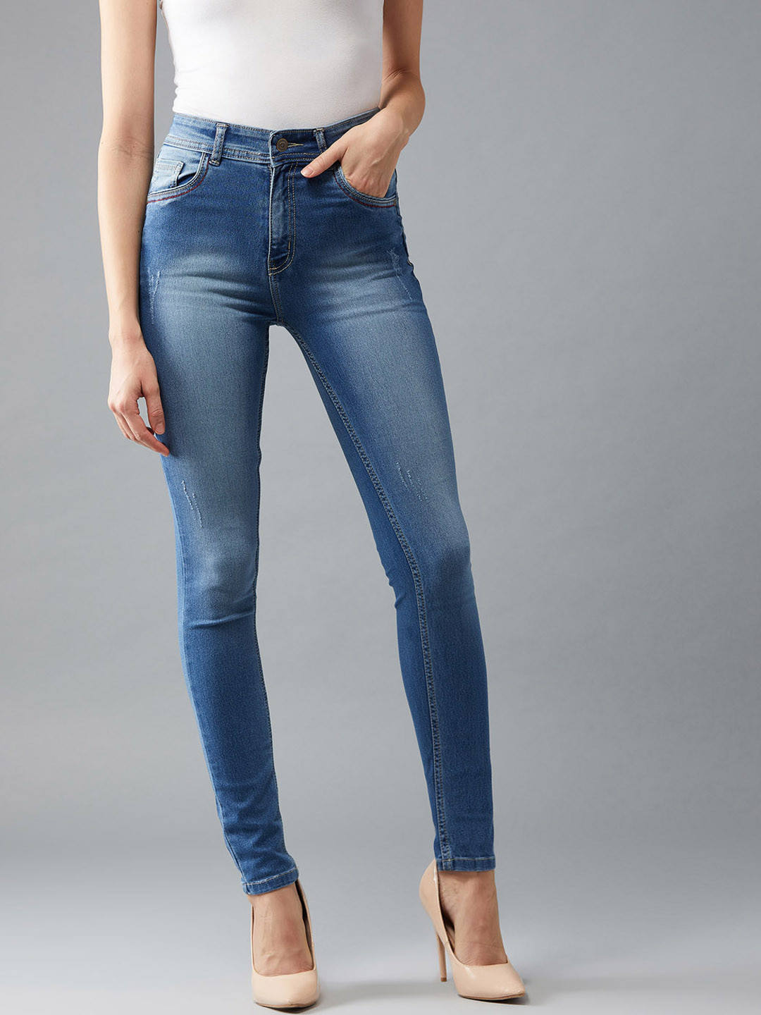 

DOLCE CRUDO Women Blue Skinny Fit High-Rise Low Distress Stretchable Jeans