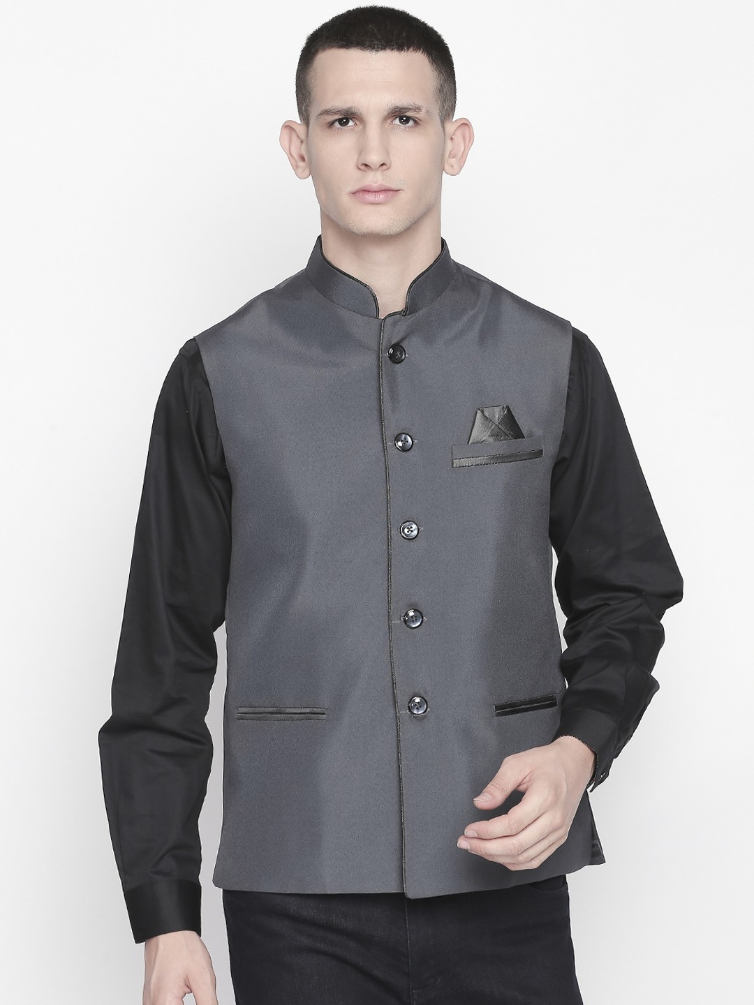 

Blacksmith Men Grey Solid Nehru Jacket
