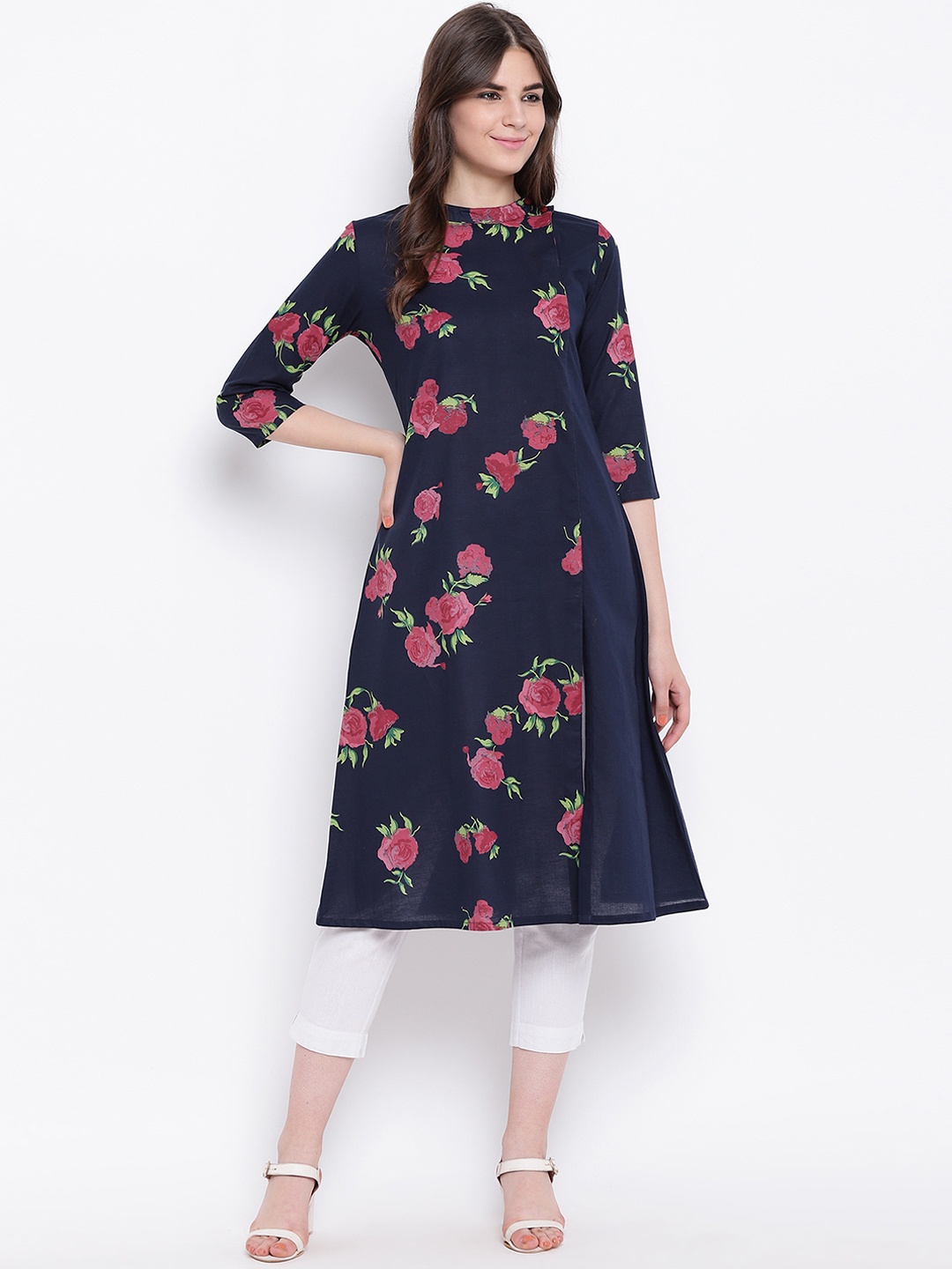 

FABNEST Women Navy Blue & Pink Floral Printed A-Line Kurta