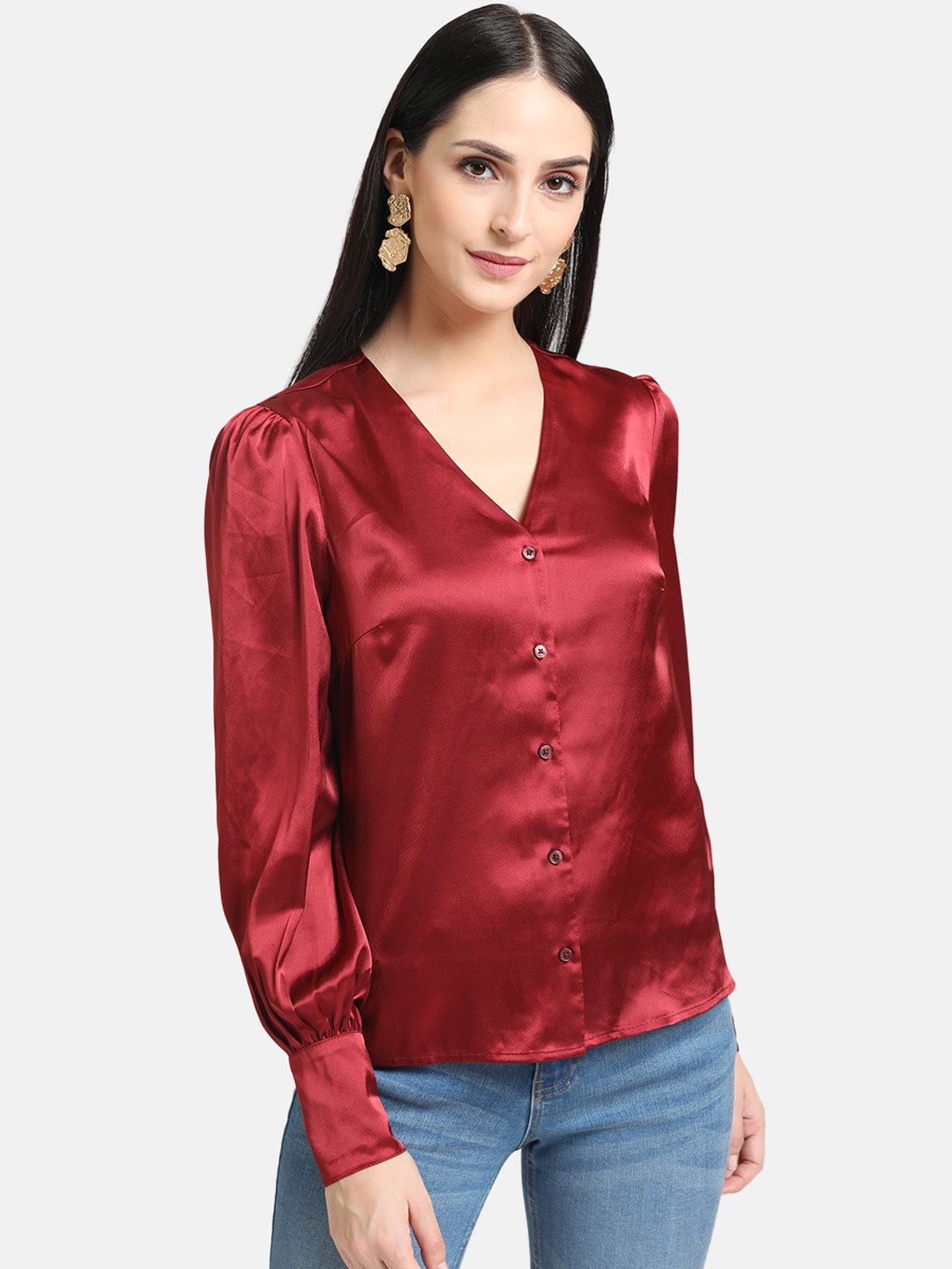 

Kazo Women Red Satin Button-Down Shirt With Broad Cuffs