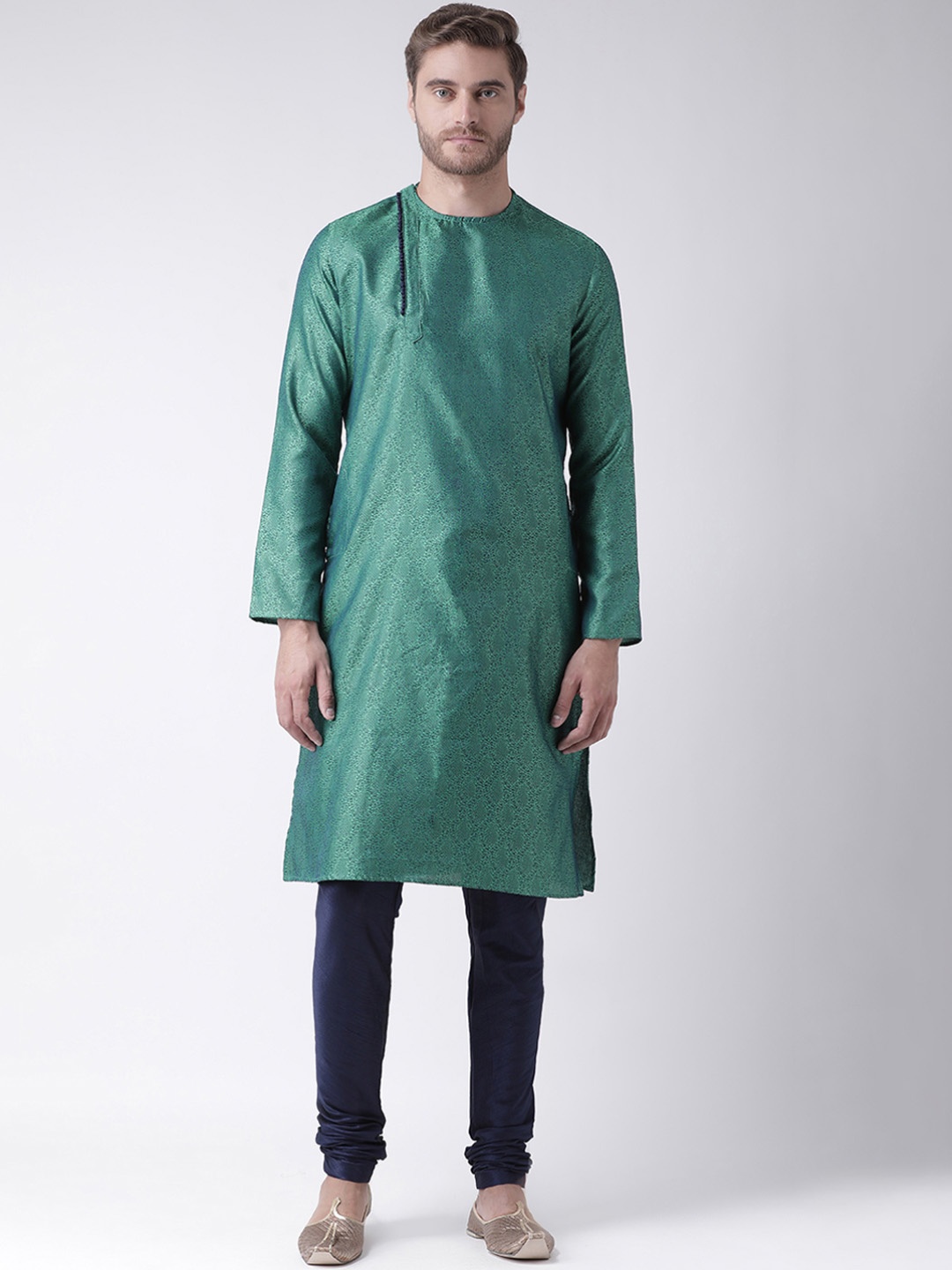 DEYANN Men Green & Navy Blue Self Design Kurta with Churidar