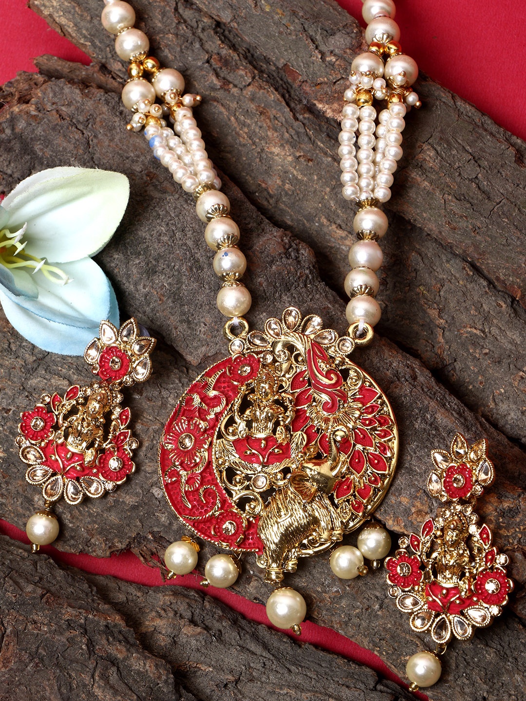 

ANIKAS CREATION Women Gold-Plated Red & White Stone Studded Pearl Temple Jewellery Set