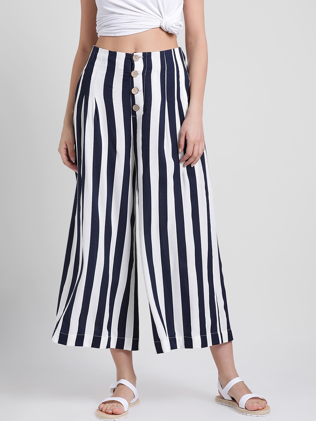 

Aayna Women Navy Blue & White Comfort Regular Fit Striped Parallel Trousers