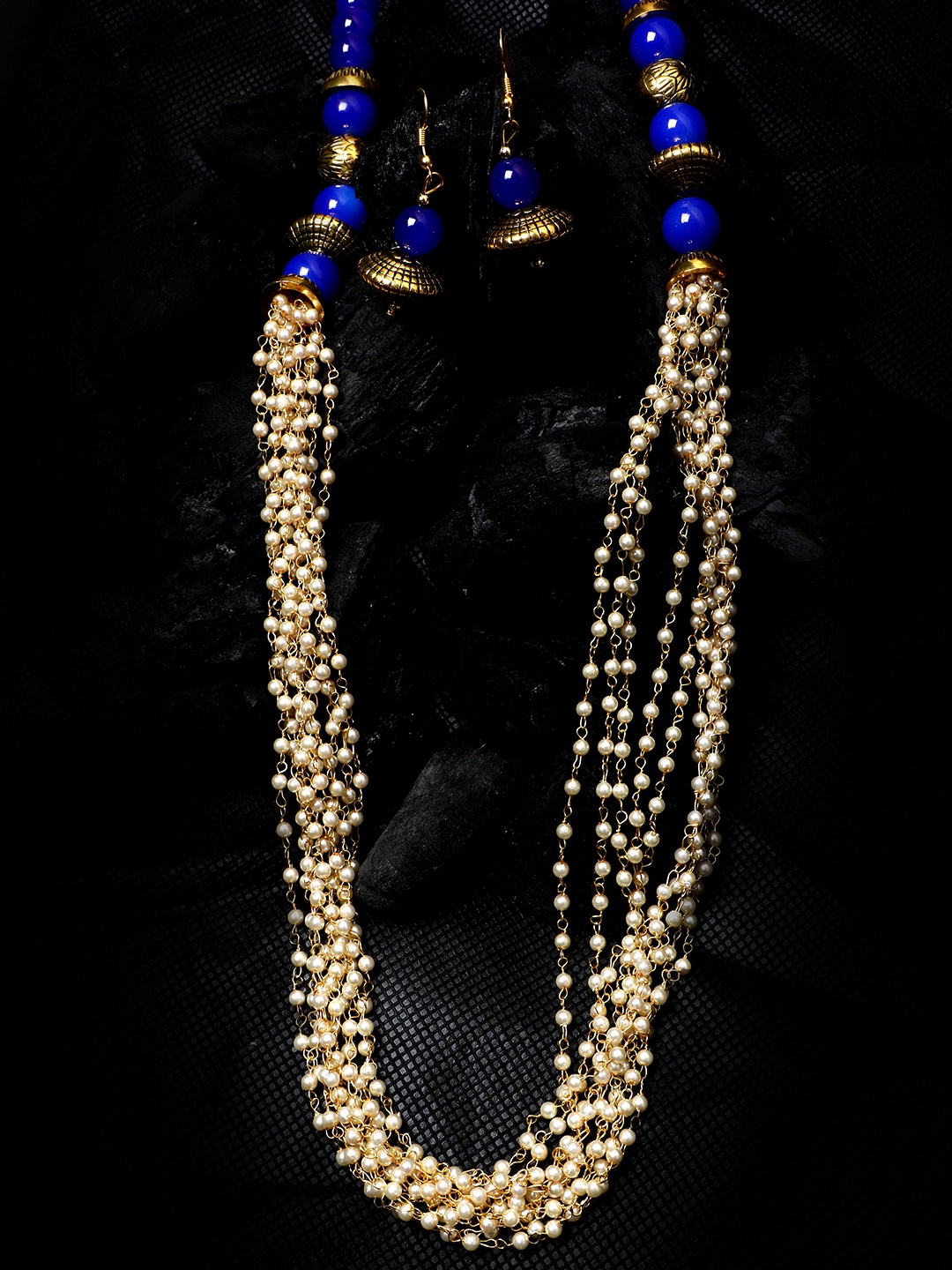 

ANIKAS CREATION Women Gold-Plated Blue & White Stone Studded Pearl Temple Jewellery Set