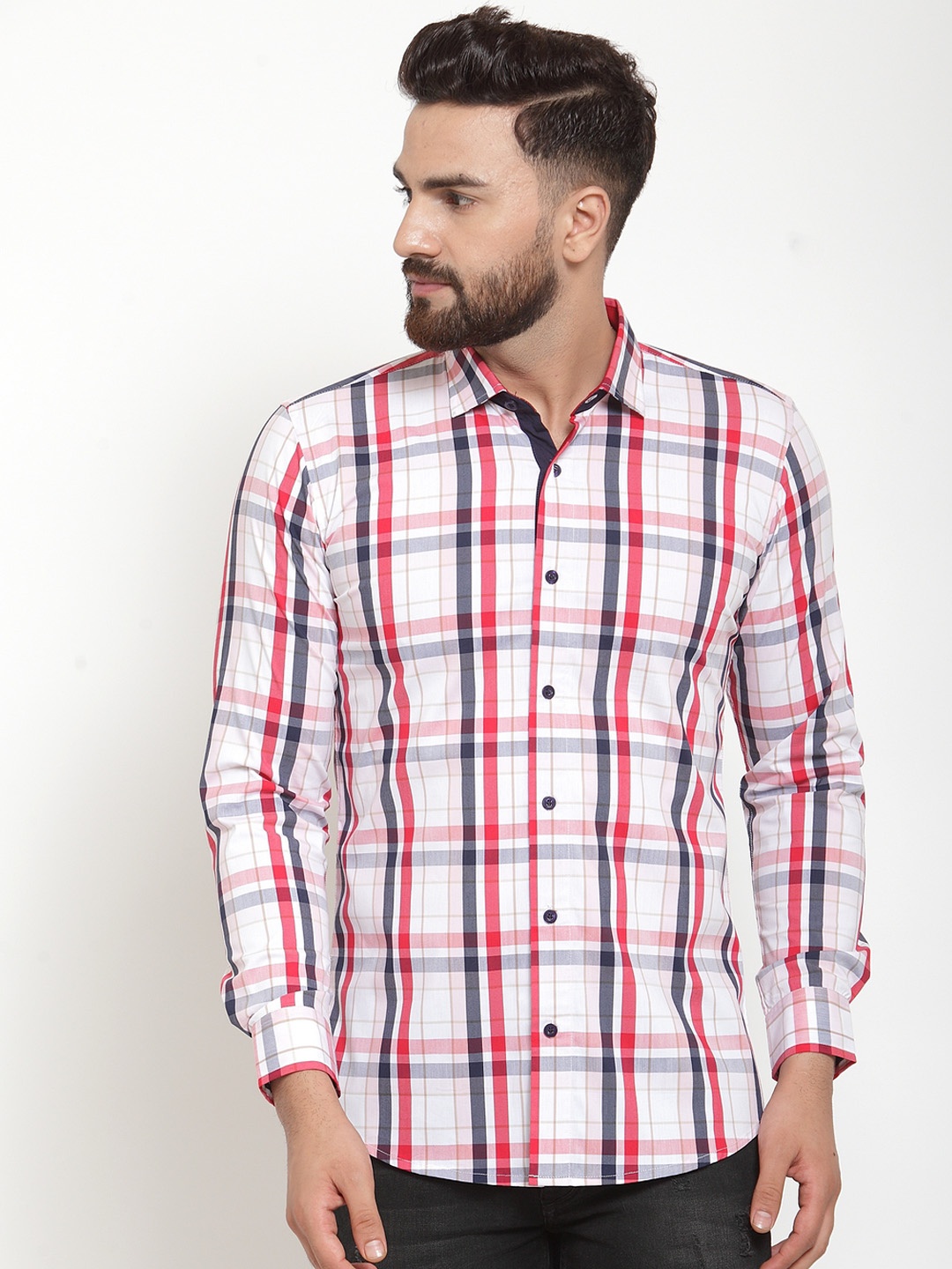 

Purple State Men White & Red Slim Fit Checked Casual Shirt