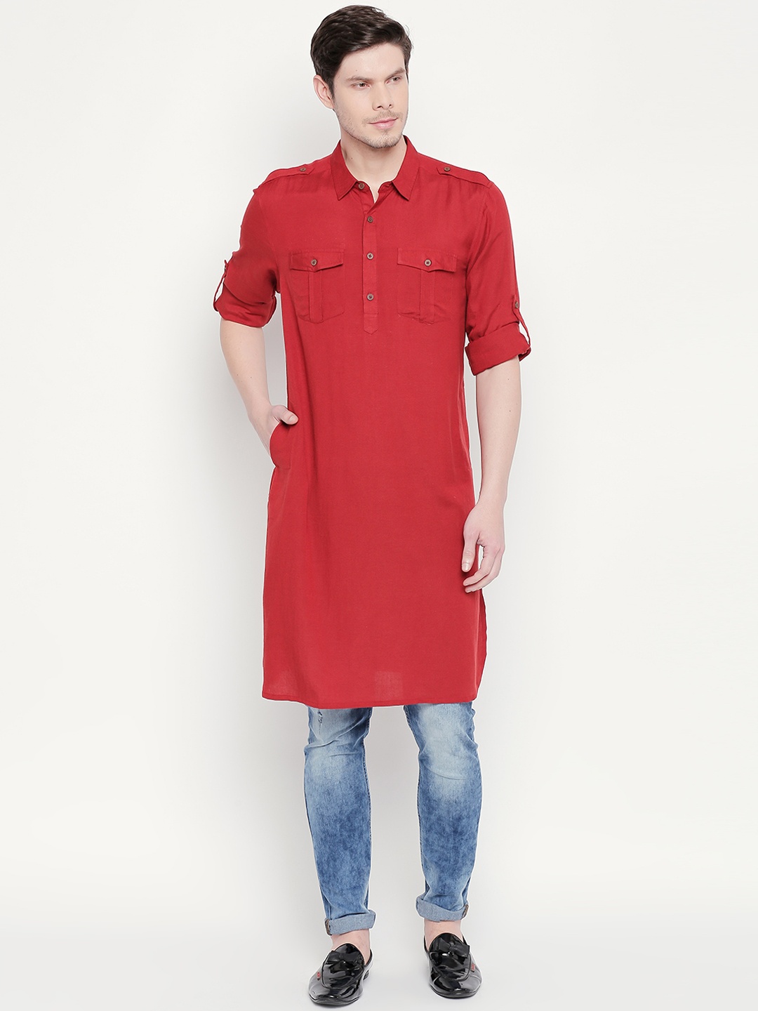 

indus route by Pantaloons Men Rust Solid Pathani Kurta