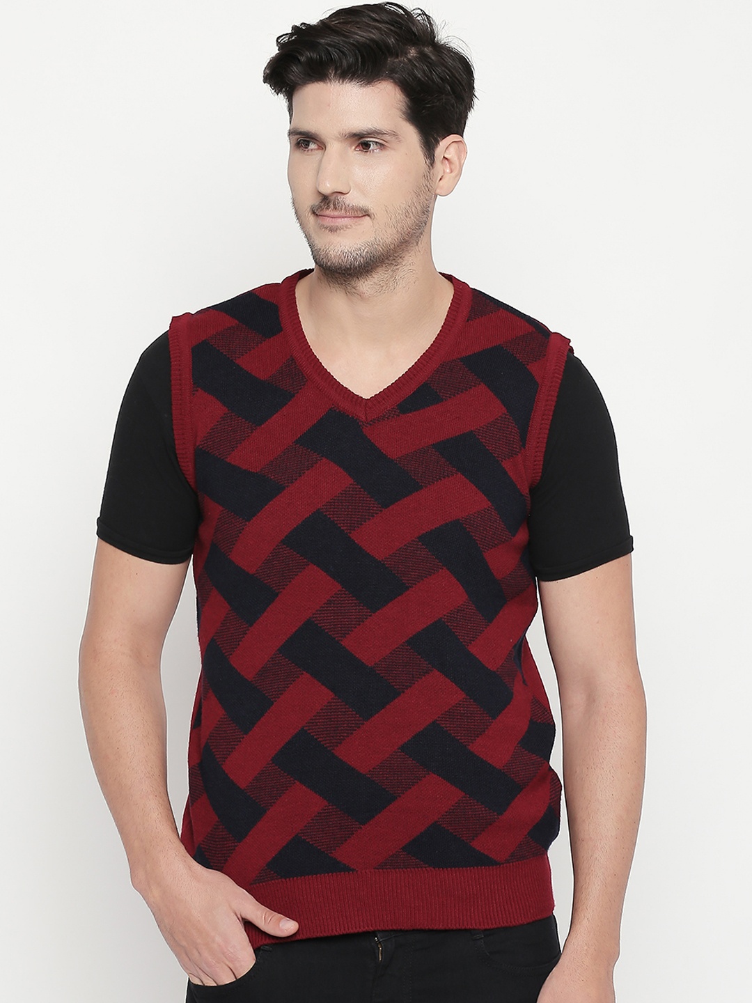 

BYFORD by Pantaloons Men Red & Black Checked Sweater