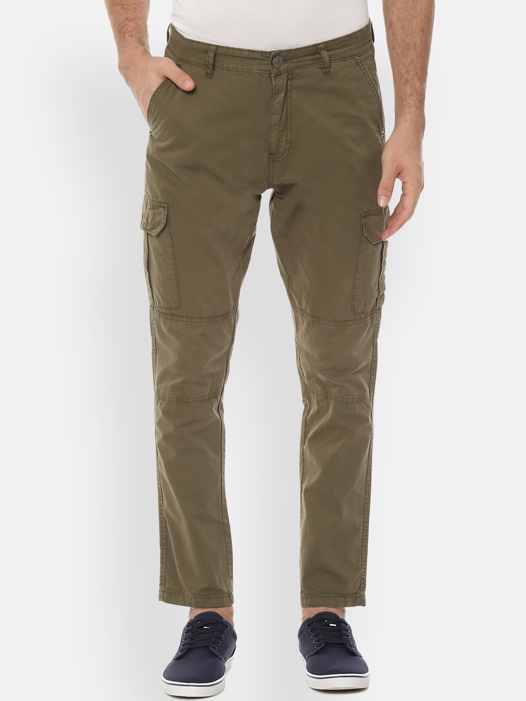 

People Men Olive Green Regular Fit Solid Cargos