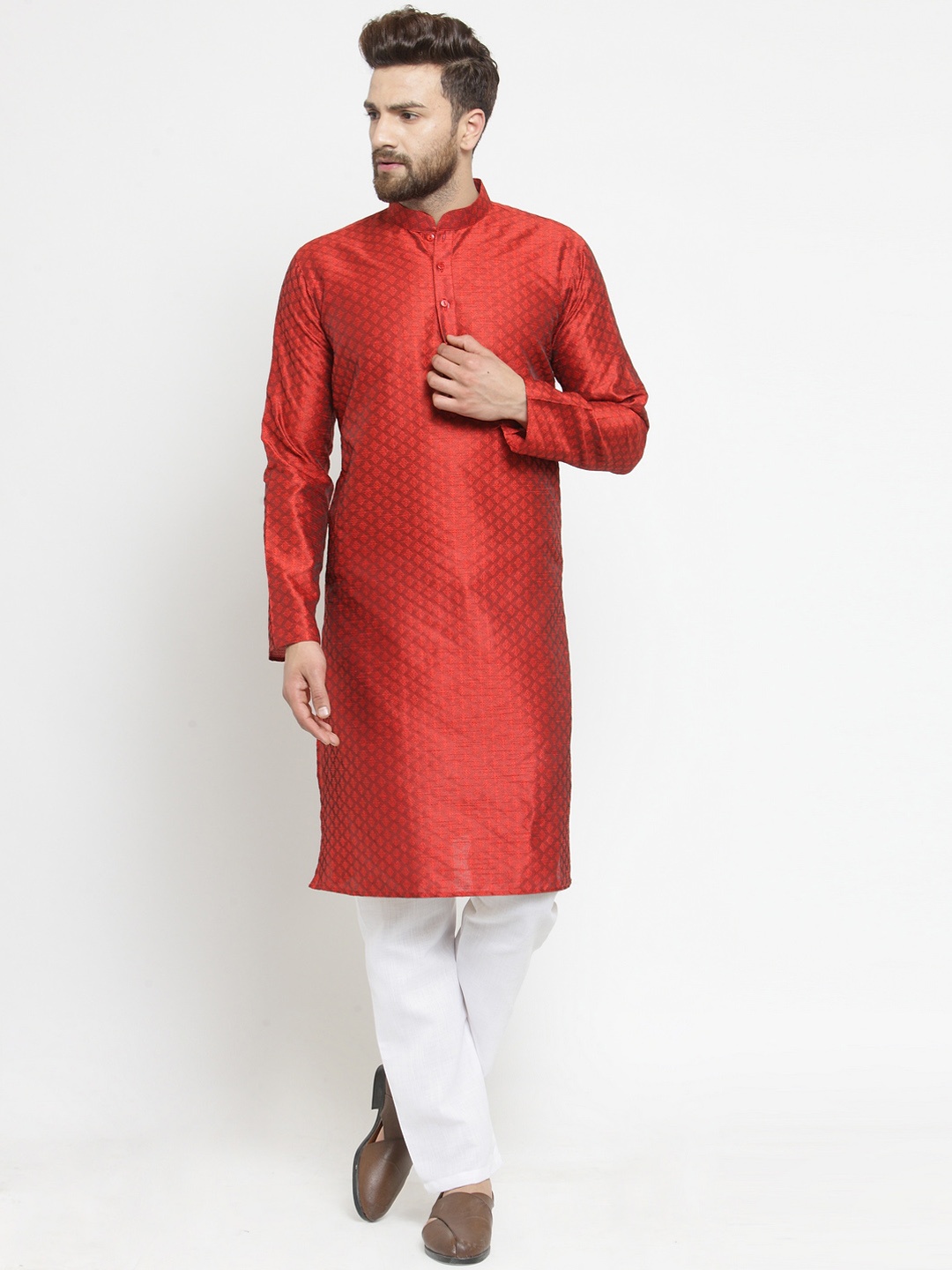 TREEMODA Men Red & White Self Design Kurta with Pyjamas
