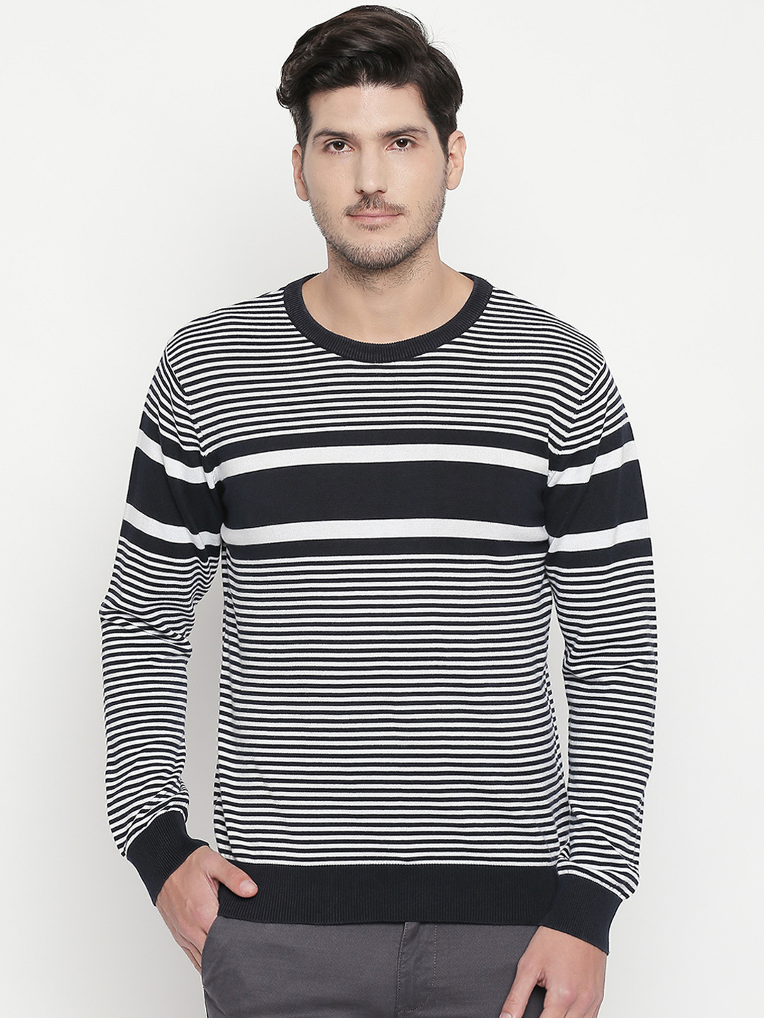 

BYFORD by Pantaloons Men Black Striped Sweater