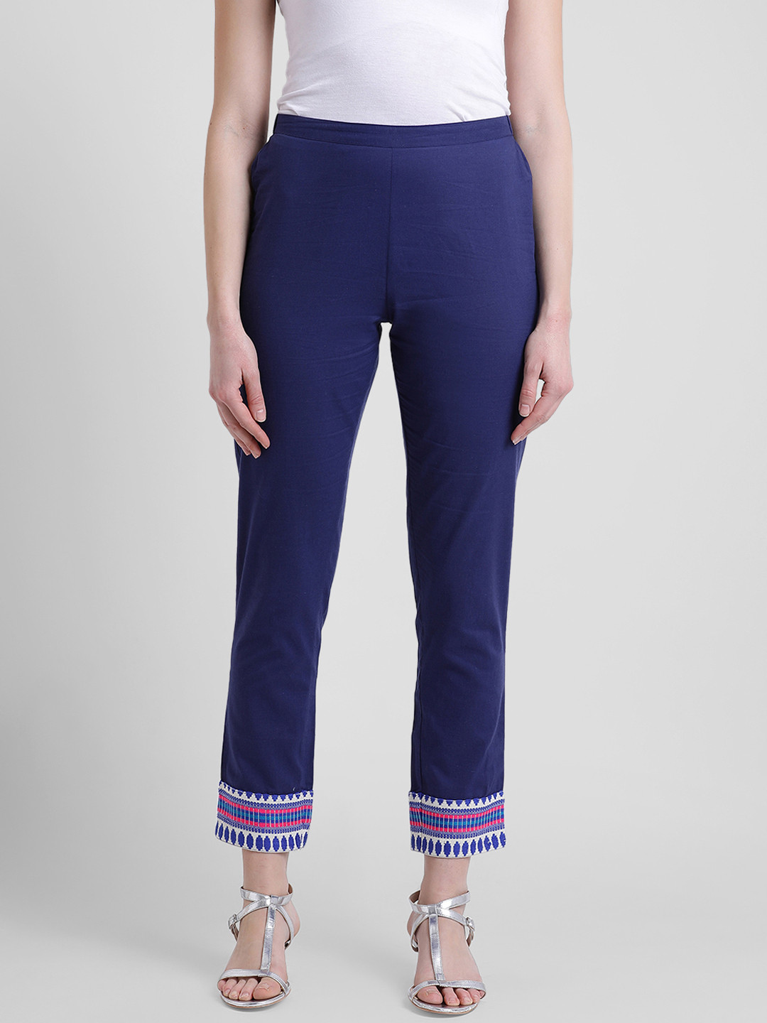 

Aayna Women Navy Blue Comfort Regular Fit Solid Cigarette Trousers