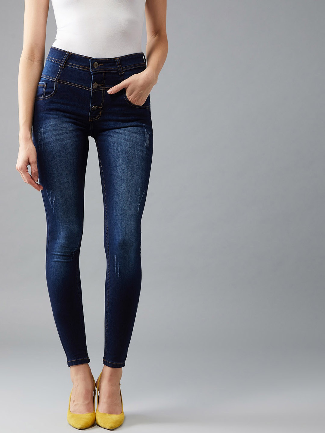 

DOLCE CRUDO Women Navy Blue Skinny Fit High-Rise Low Distress Stretchable Jeans