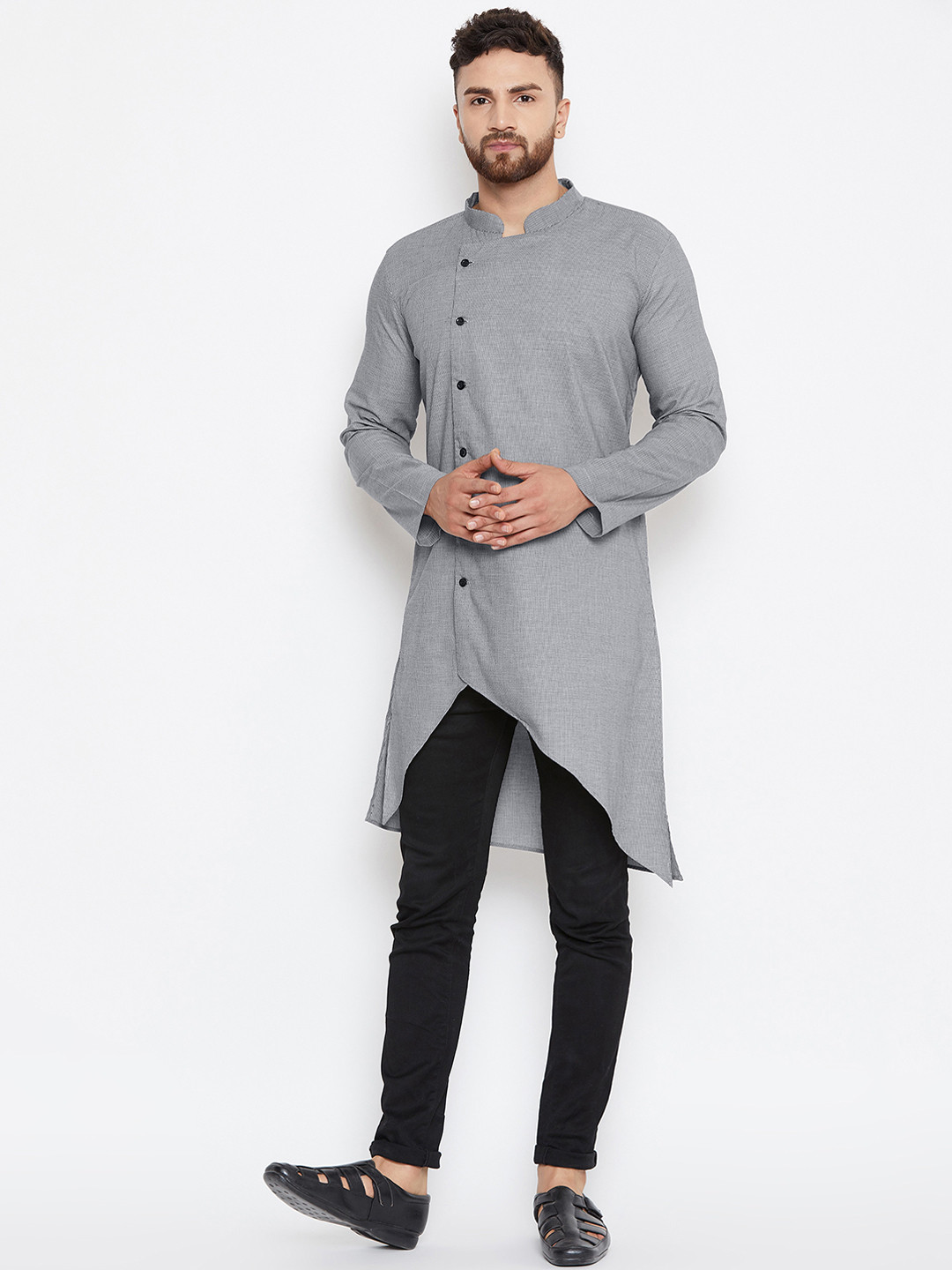 

even Men Grey Striped Straight Kurta