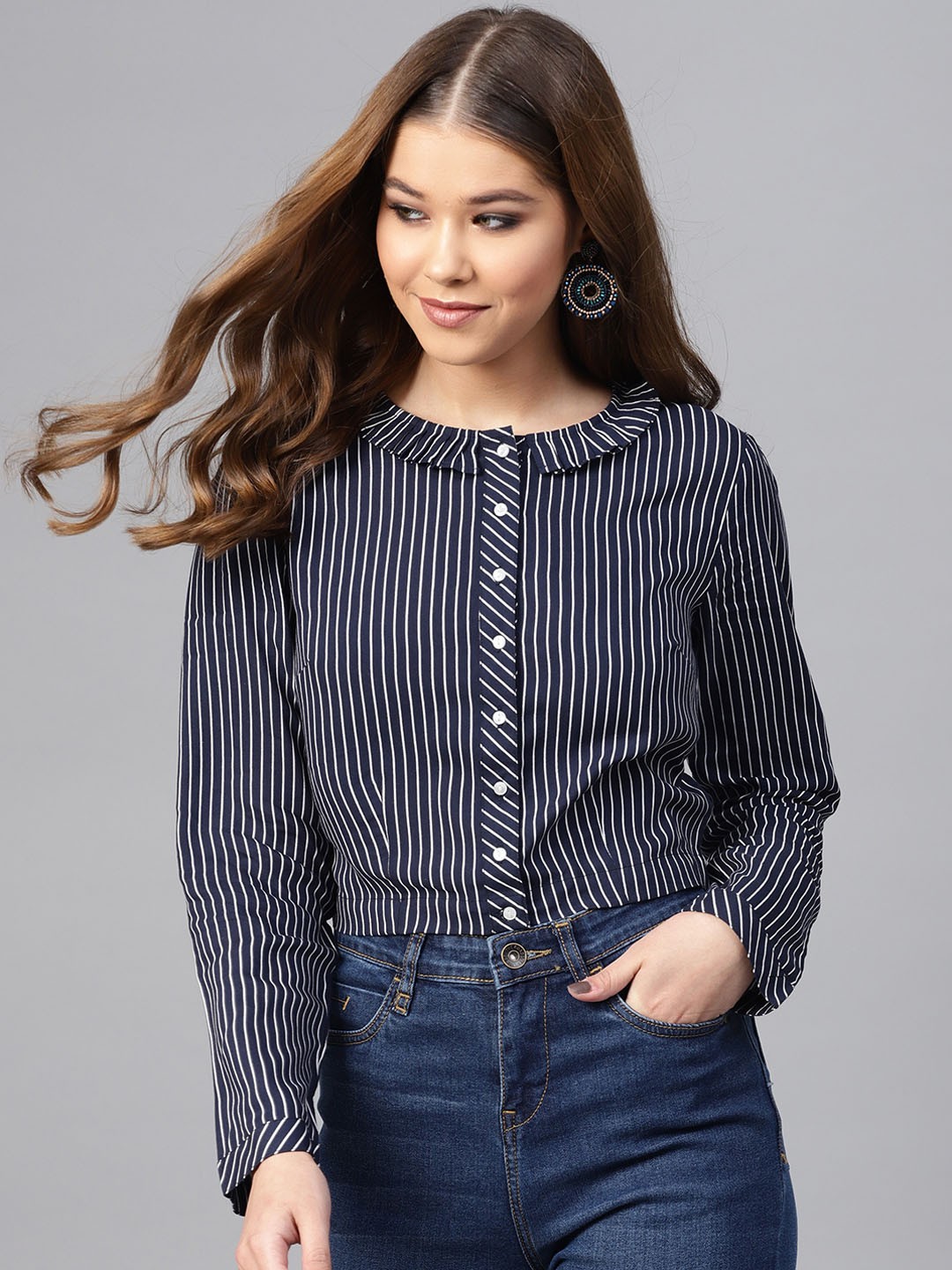 

STREET 9 Women Navy Blue Striped Top