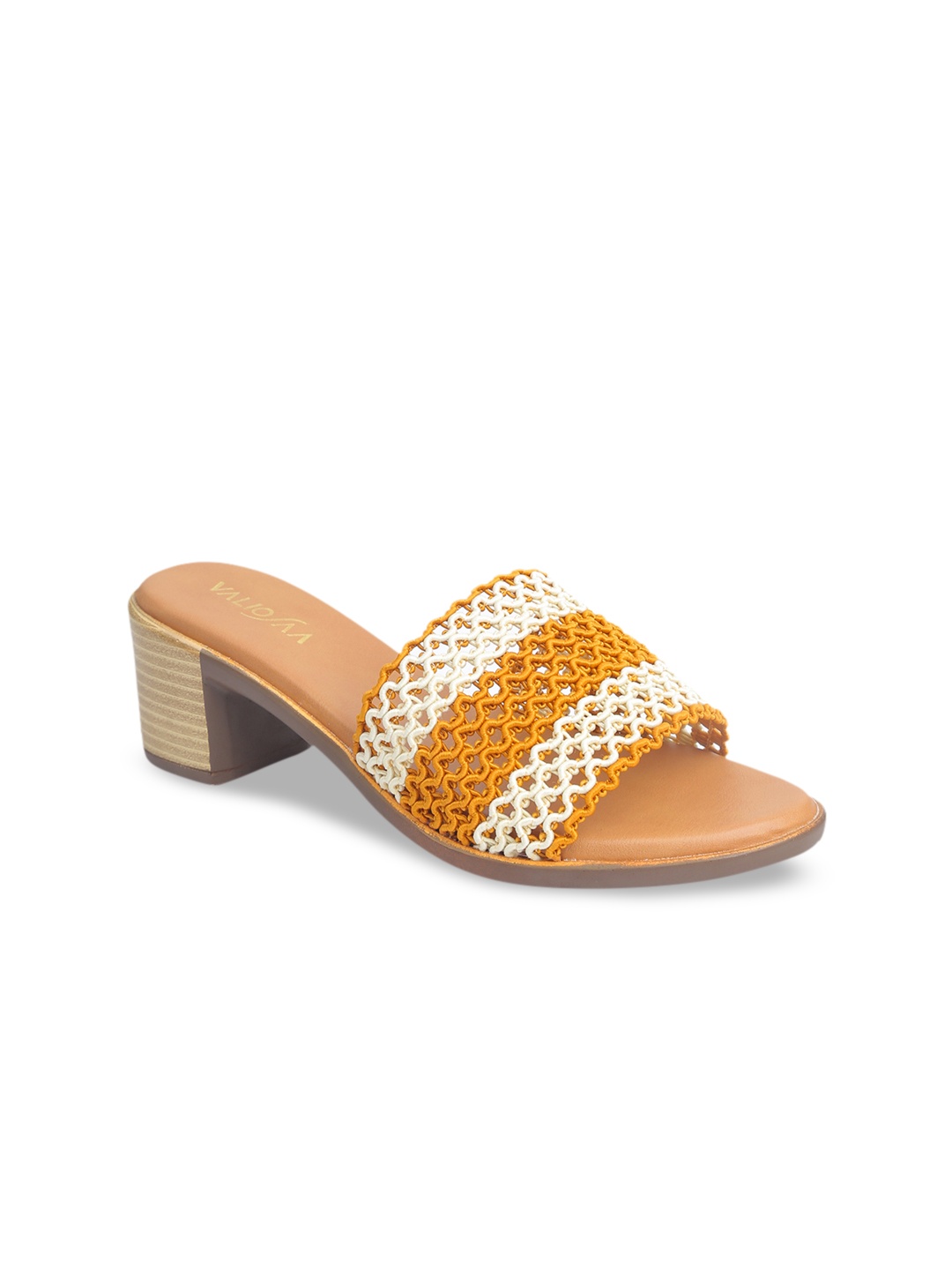 VALIOSAA Women Yellow & White Woven Design Heels