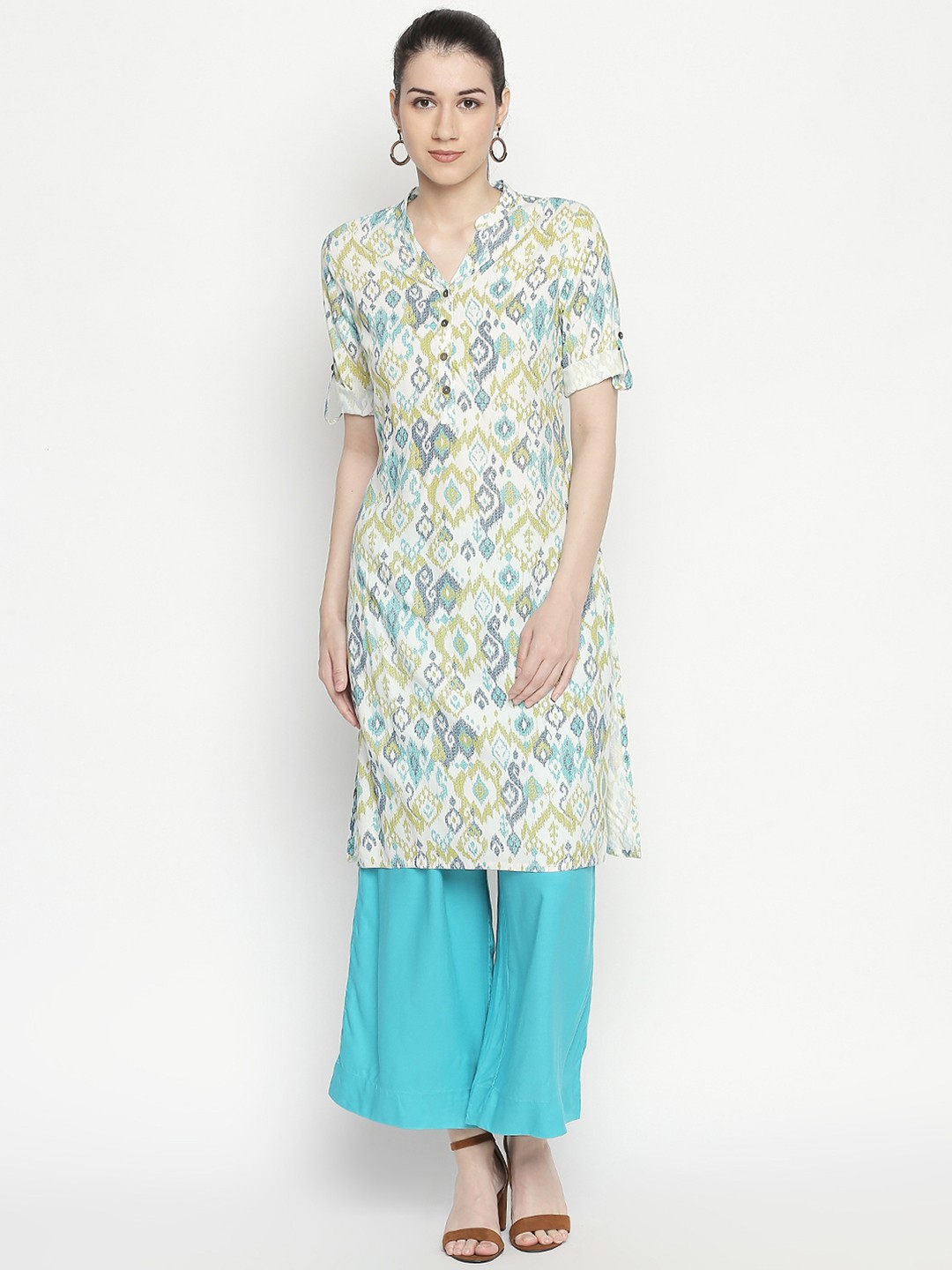 

RANGMANCH BY PANTALOONS Women Off-White & Blue Printed Straight Kurta