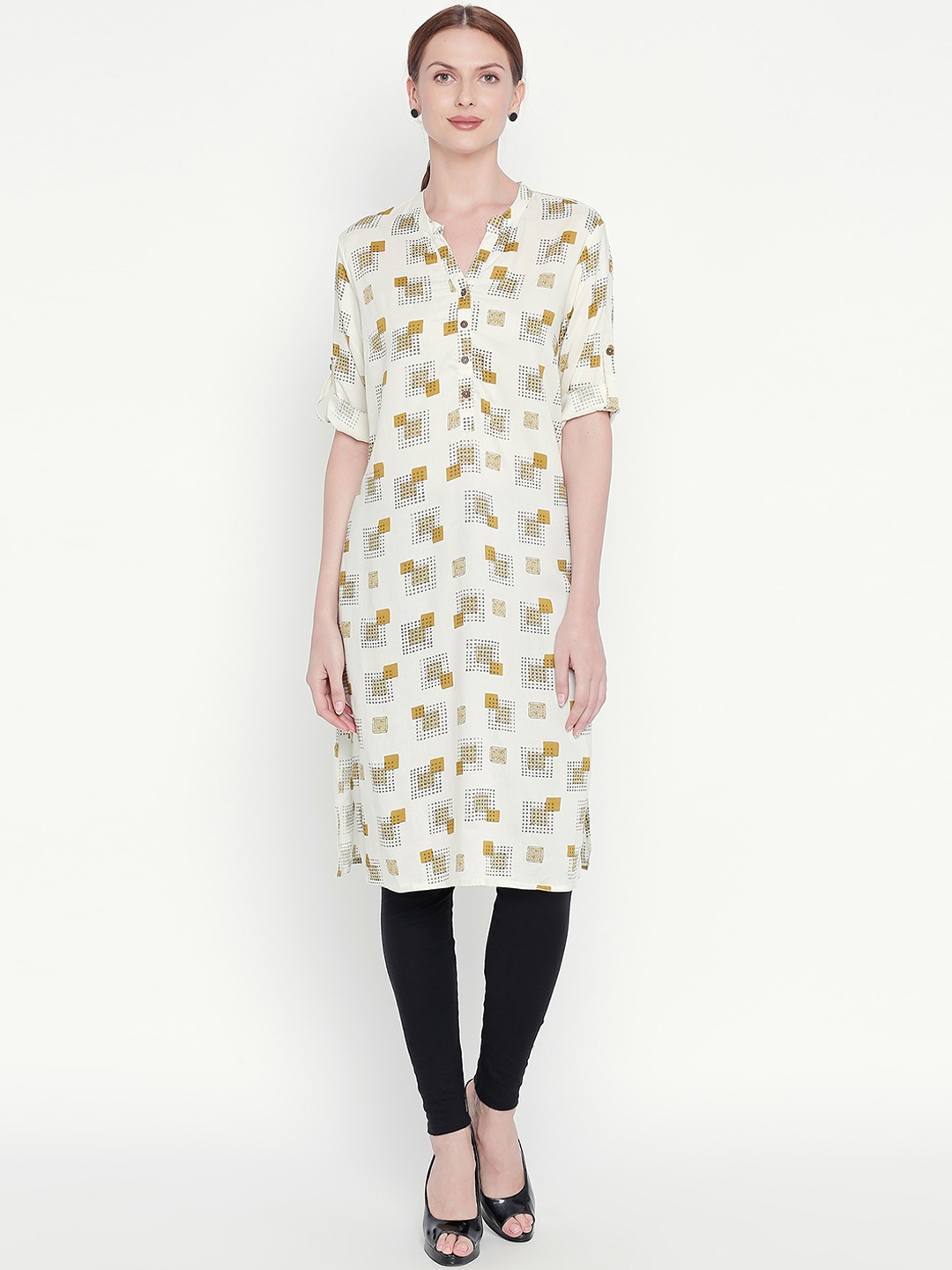 RANGMANCH BY PANTALOONS Women Off-White & Beige Printed Straight Kurta