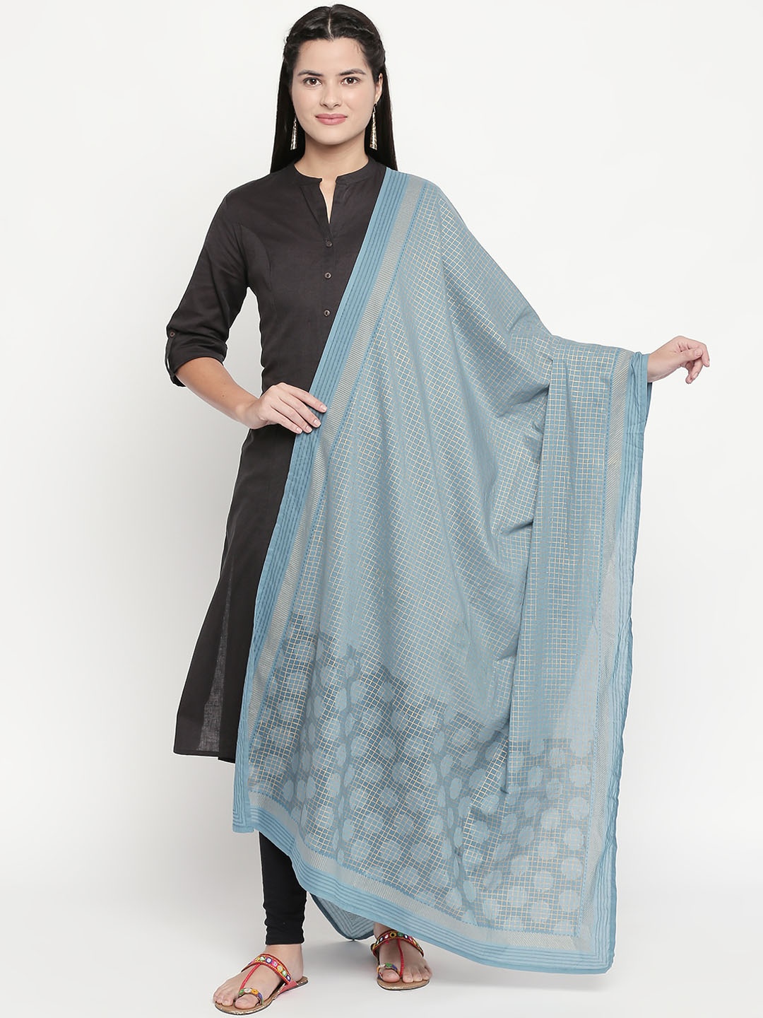 RANGMANCH BY PANTALOONS Teal Blue Printed Pure Cotton Dupatta