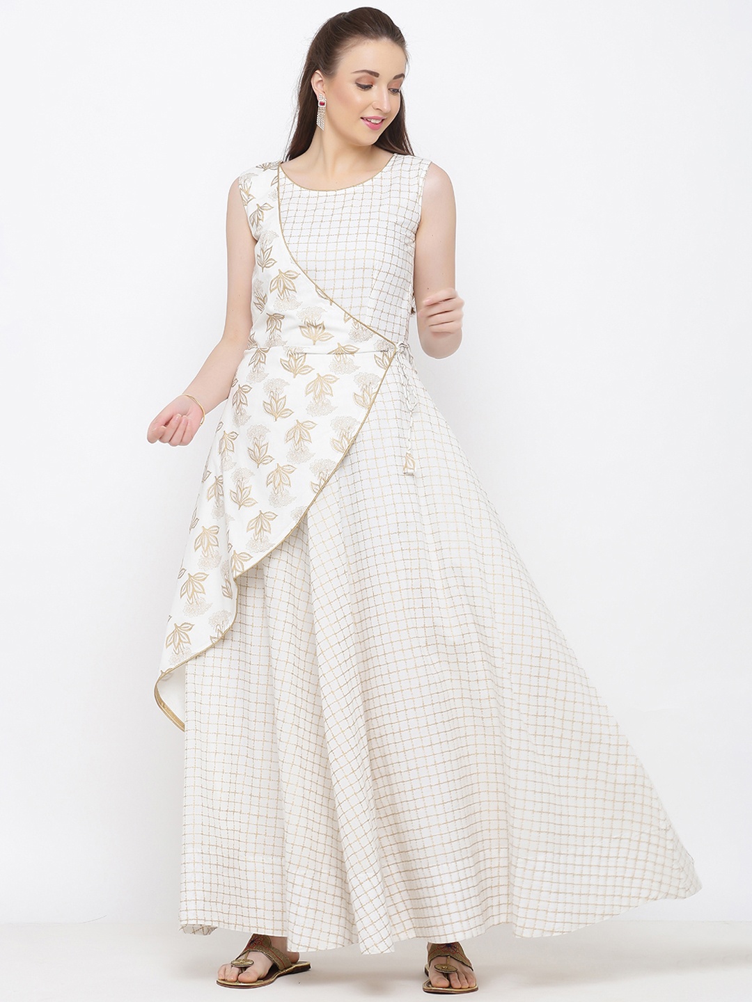 

Indian Virasat Women White and Beige Floral Printed Wrap Dress