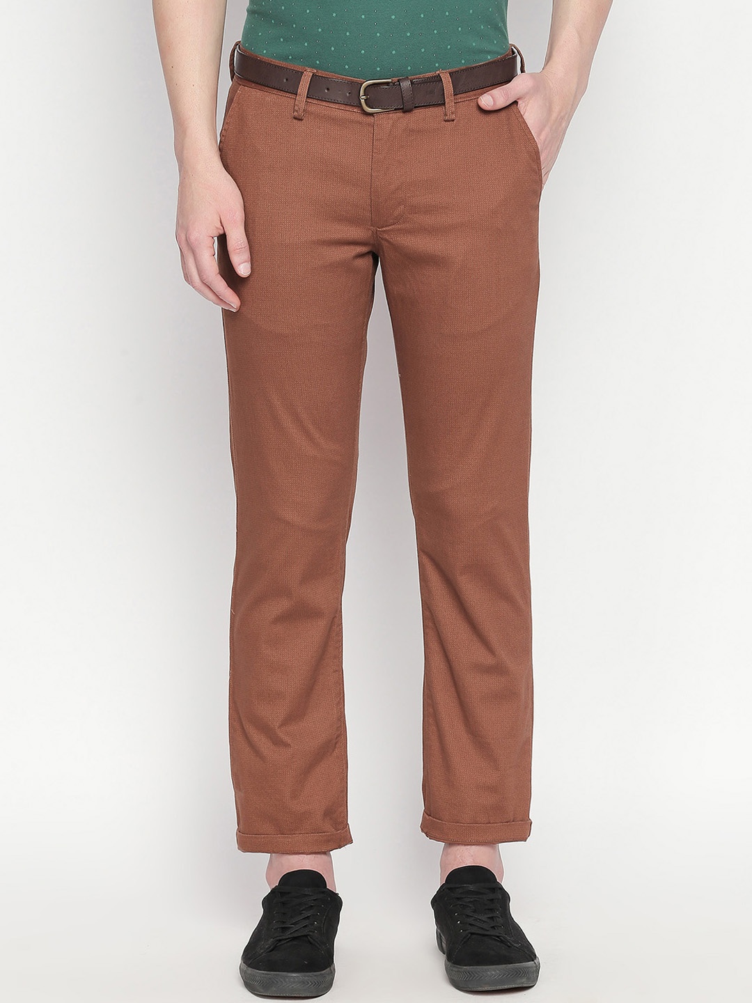 Basics Men Brown Tapered Fit Printed Chinos