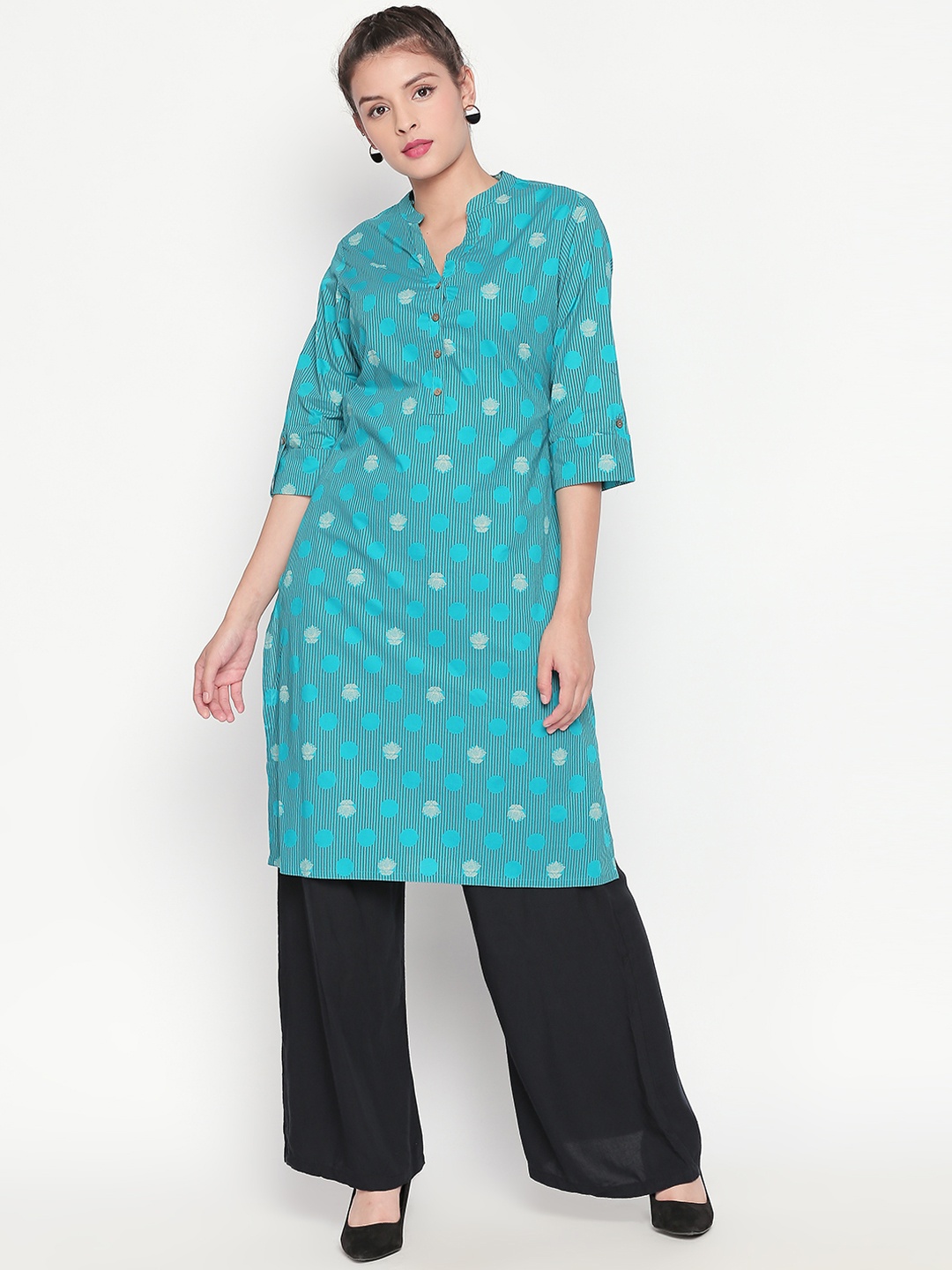 

RANGMANCH BY PANTALOONS Women Turquoise Blue & Beige Printed Straight Kurta