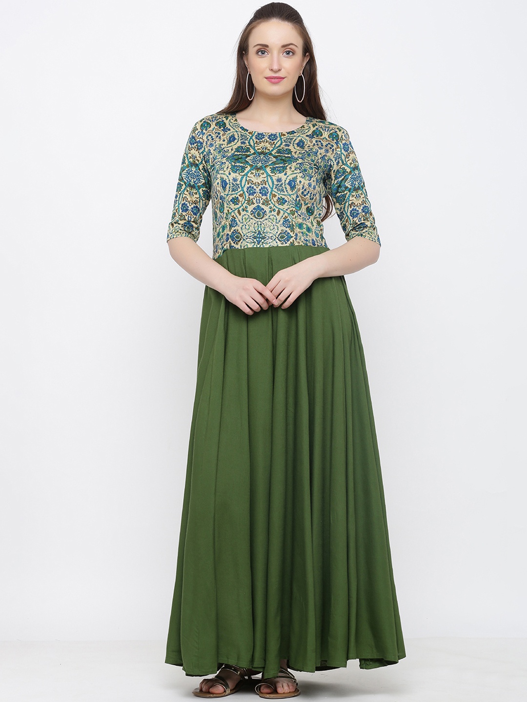 

Indian Virasat Women Green Printed Maxi Dress