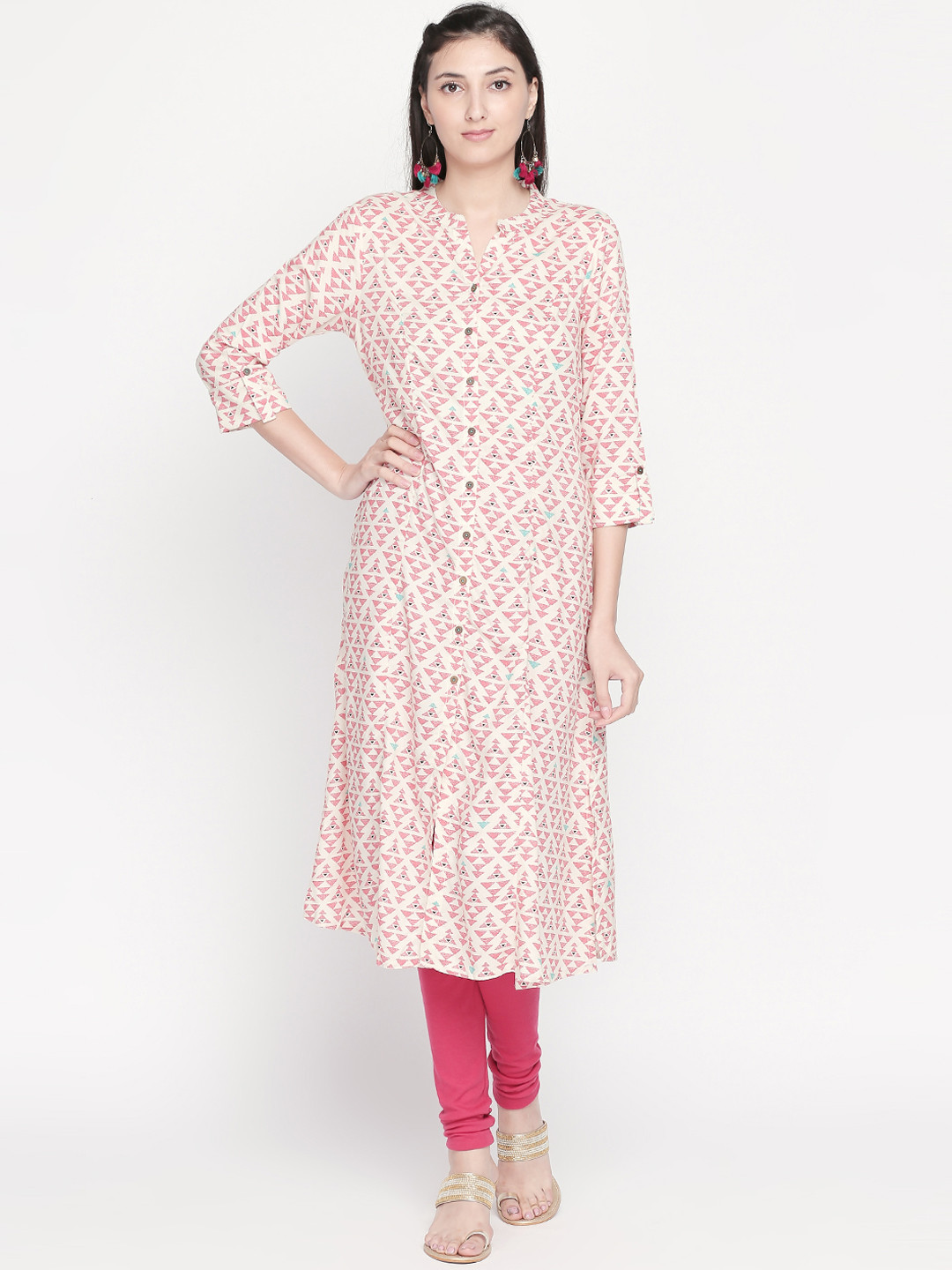 

RANGMANCH BY PANTALOONS Women Cream-Coloured & Pink Printed A-Line Kurta