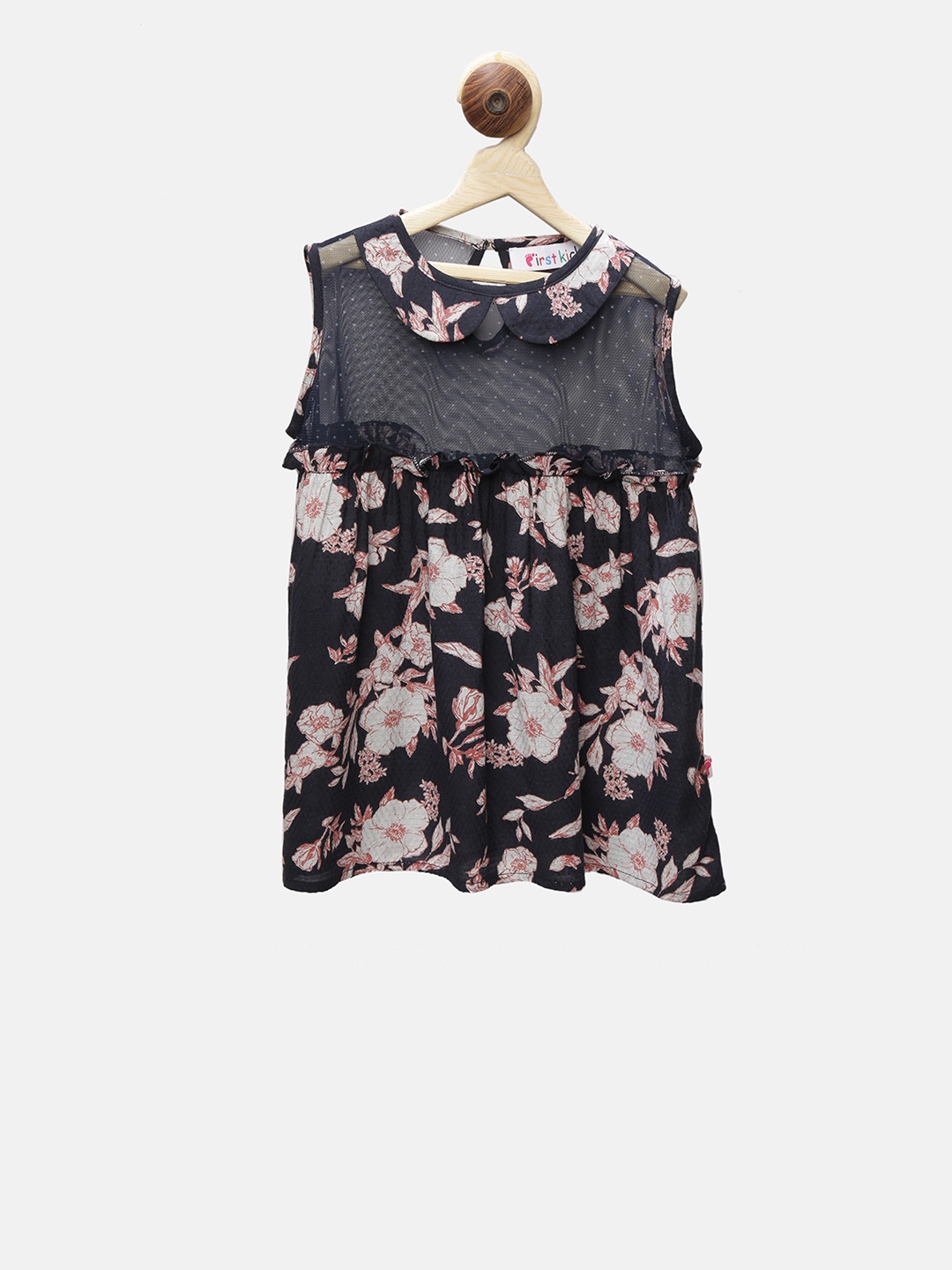 

First Kick Girls Navy Blue & Off-White Floral Print A-Line Pure Cotton Top