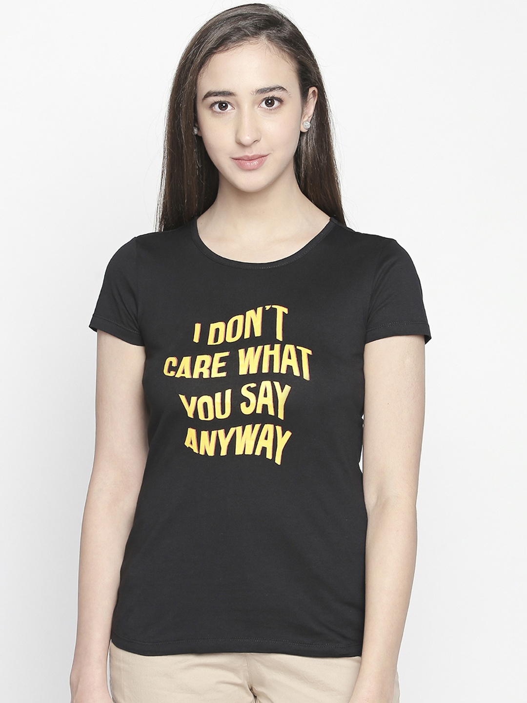 

Honey by Pantaloons Women Black Printed Round Neck Pure Cotton T-shirt