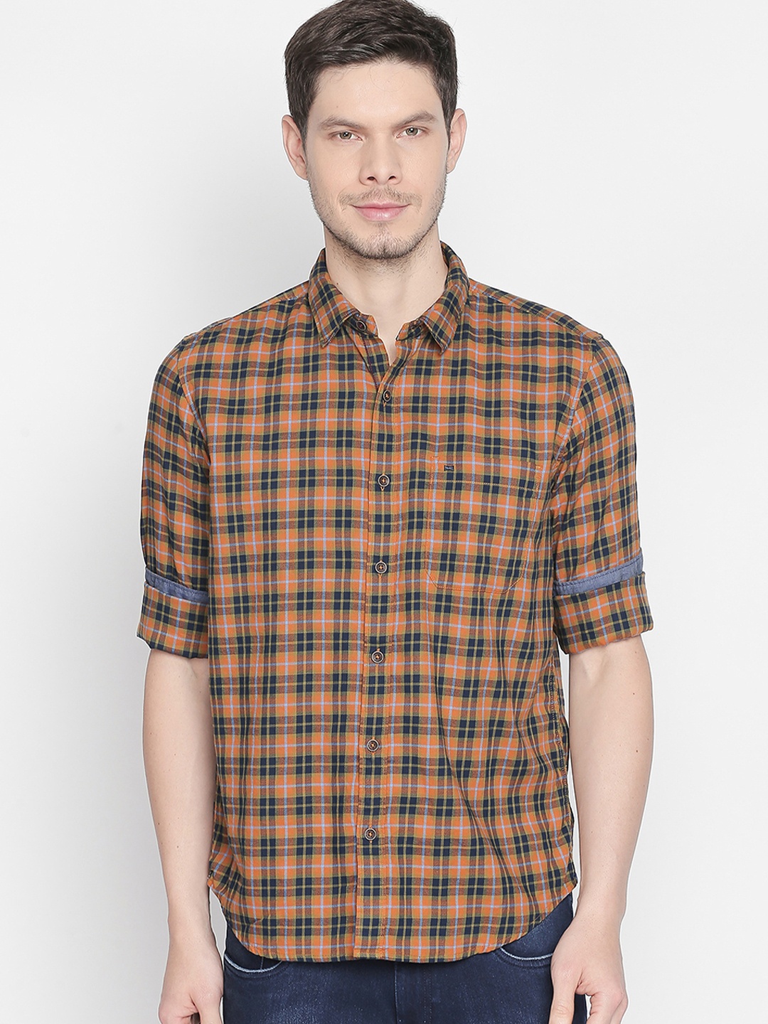

Basics Men Orange & Grey Slim Fit Checked Casual Shirt